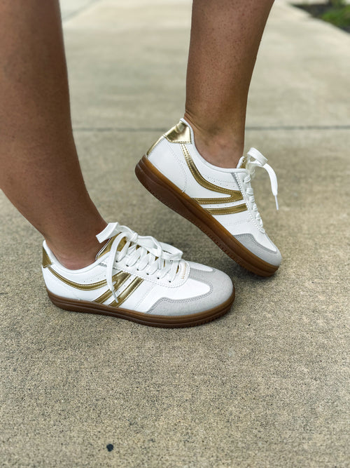White Sneakers with Gold Trim