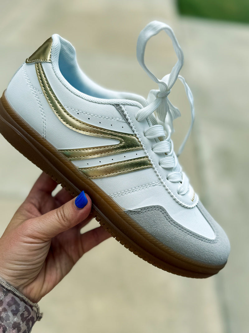 White Sneakers with Gold Trim