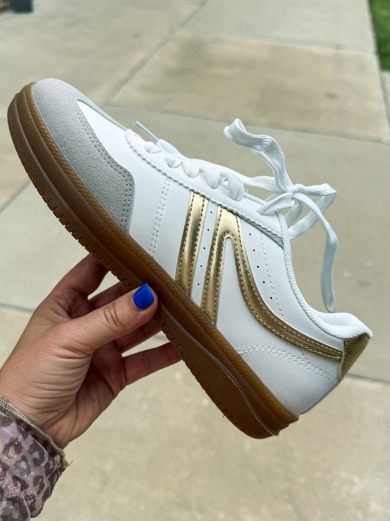 White Sneakers with Gold Trim