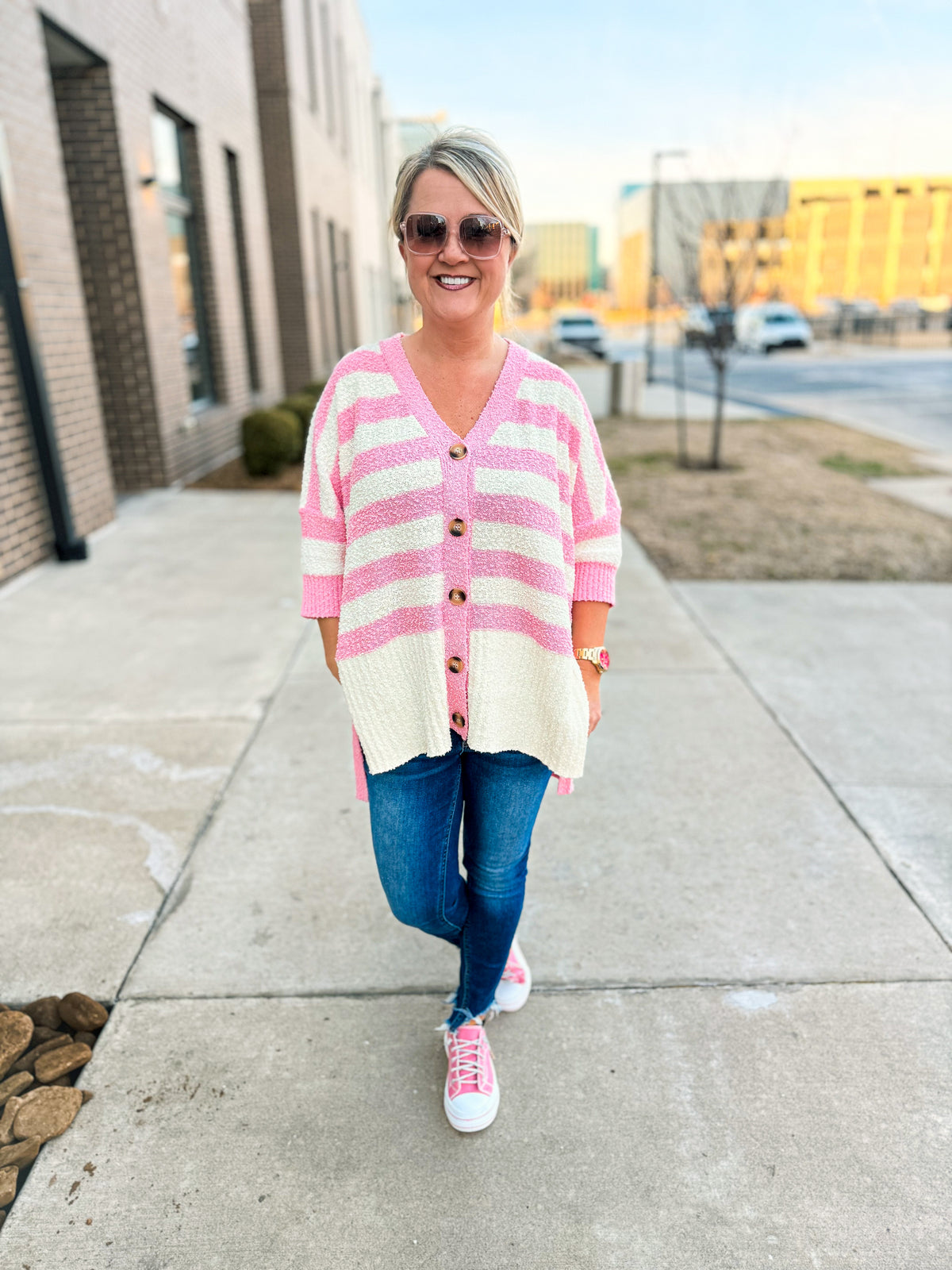 Haptics Striped Cardigan-Pink