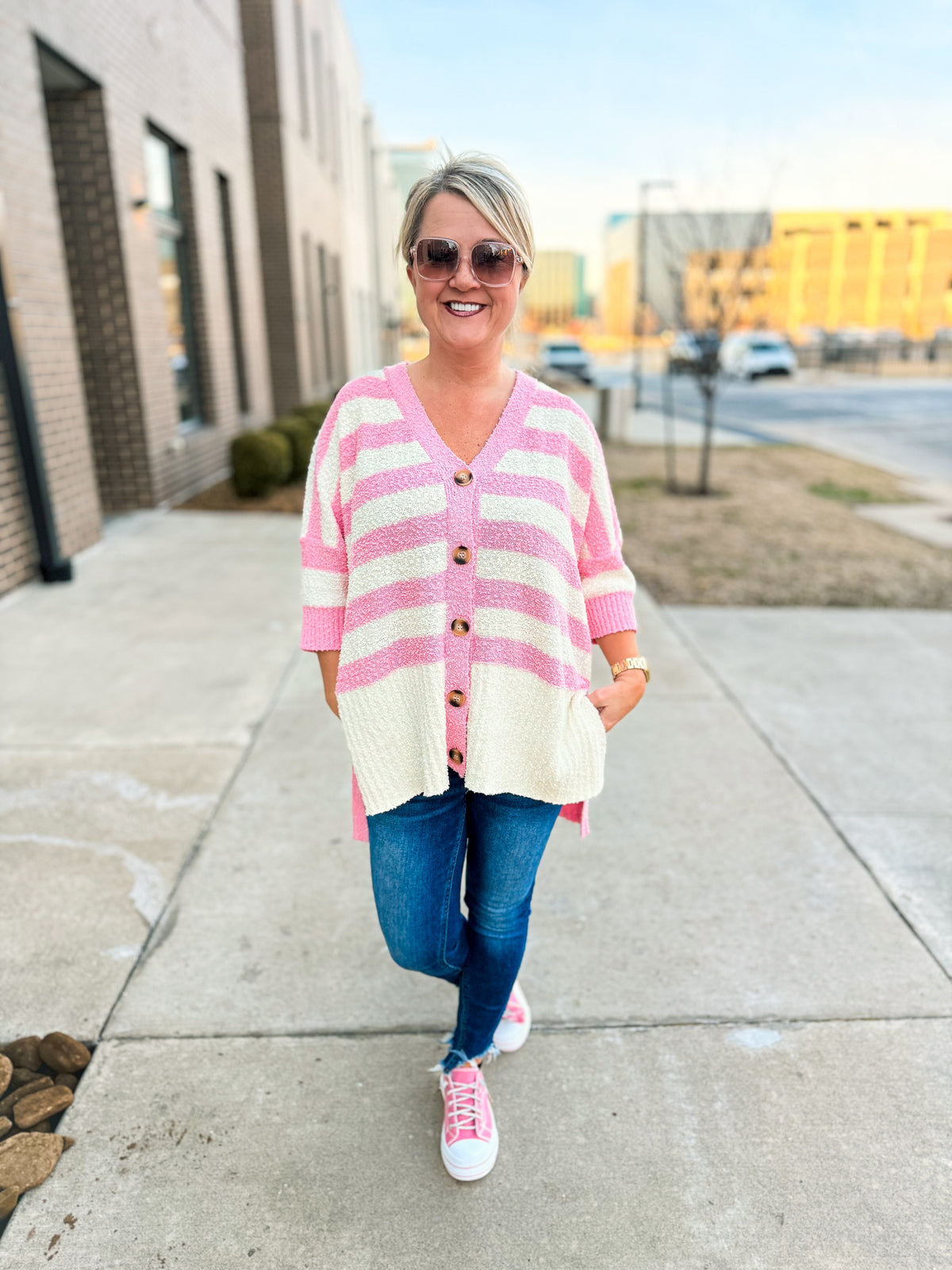Haptics Striped Cardigan-Pink