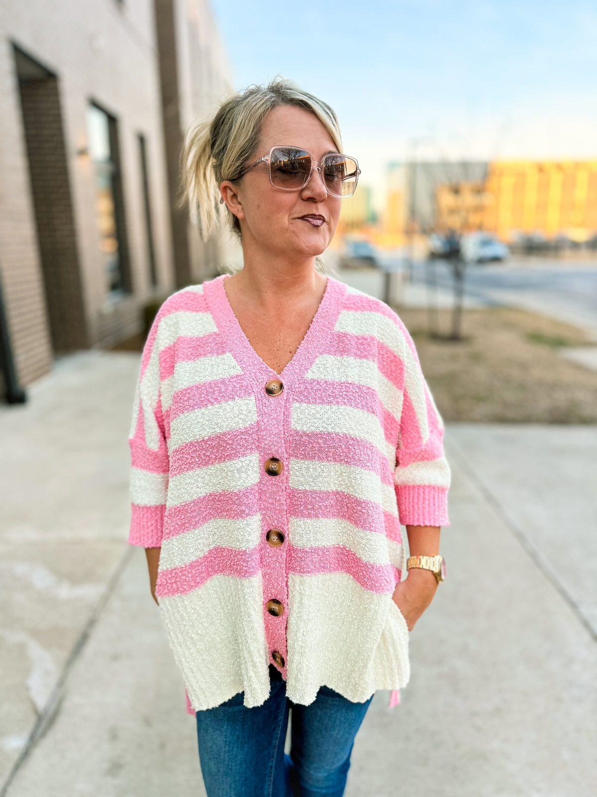 Haptics Striped Cardigan-Pink