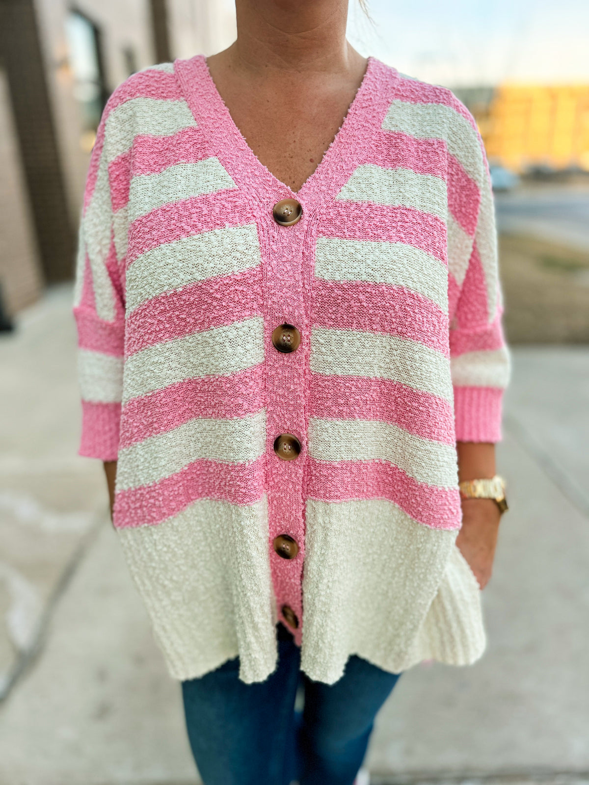 Haptics Striped Cardigan-Pink