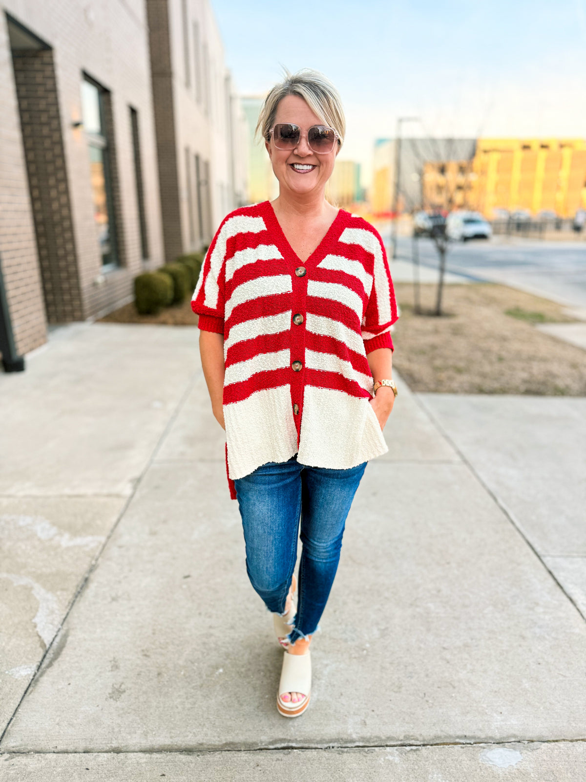 Haptics Striped Cardigan-Red