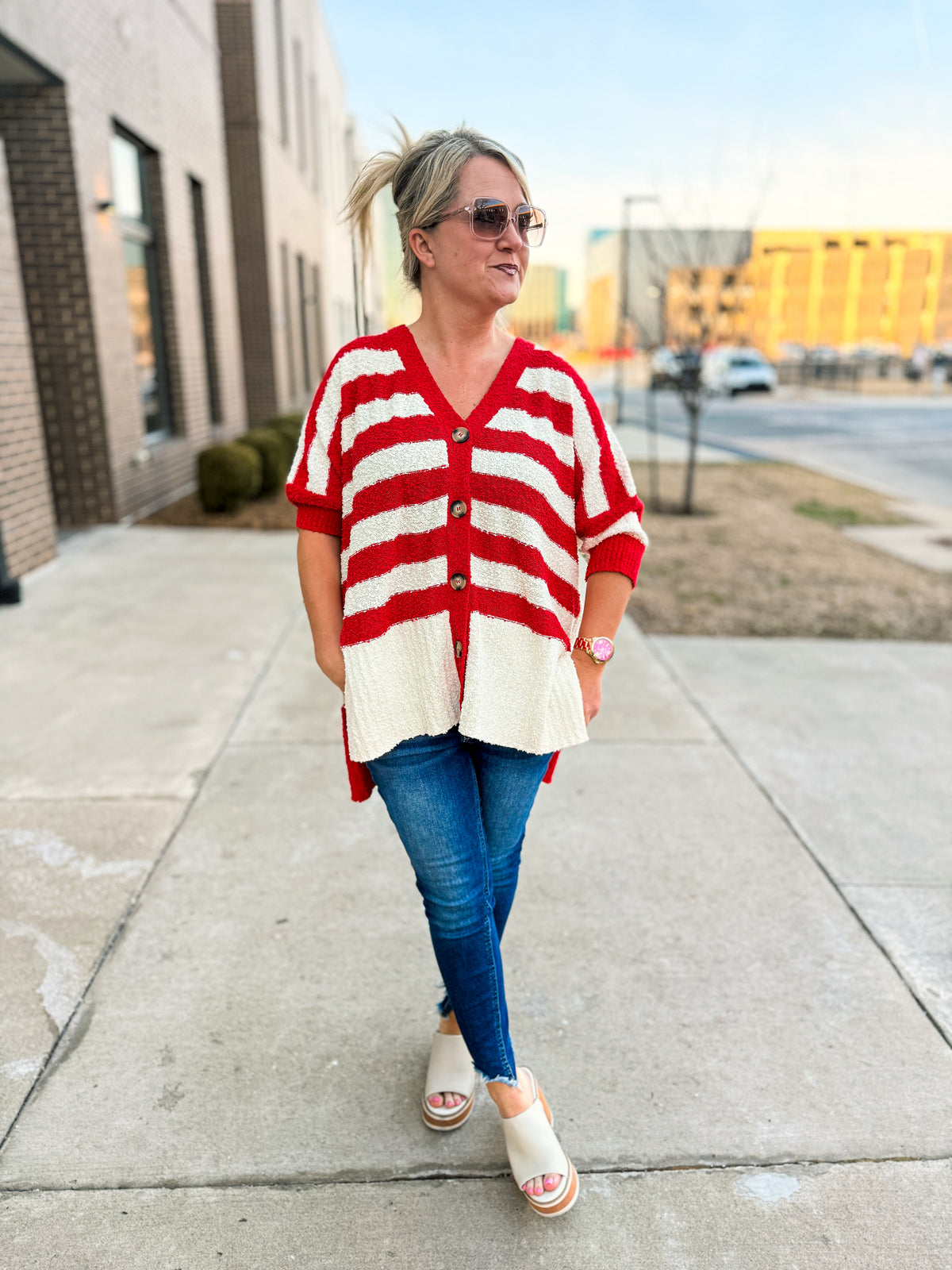 Haptics Striped Cardigan-Red
