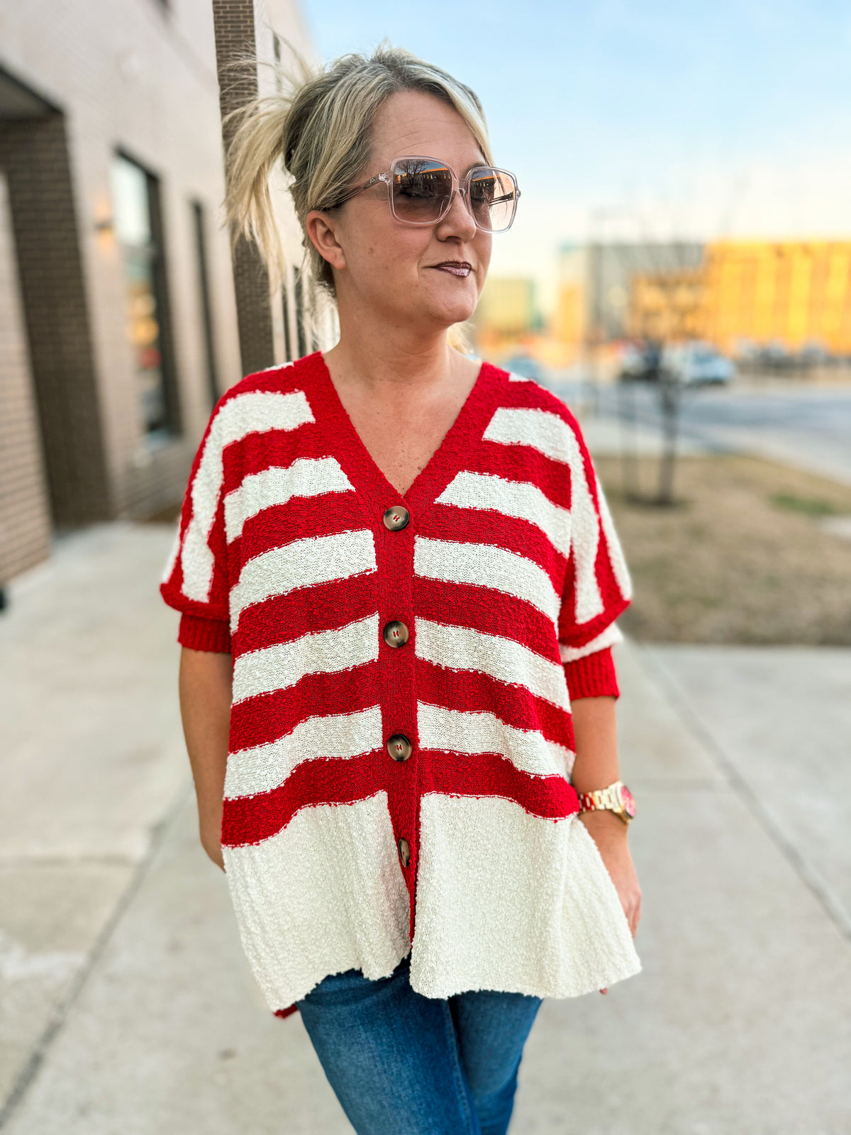 Haptics Striped Cardigan-Red