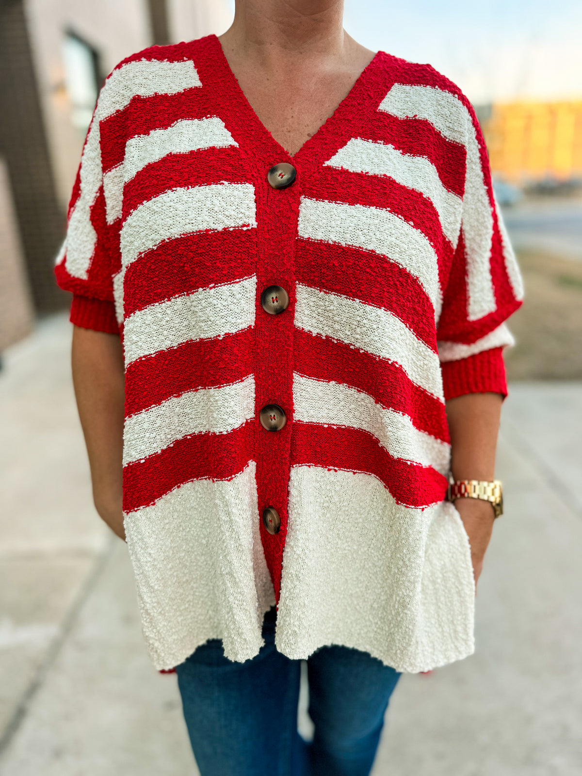 Haptics Striped Cardigan-Red