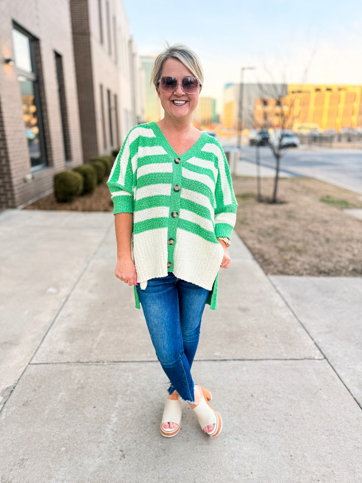 Haptics Striped Cardigan-Green