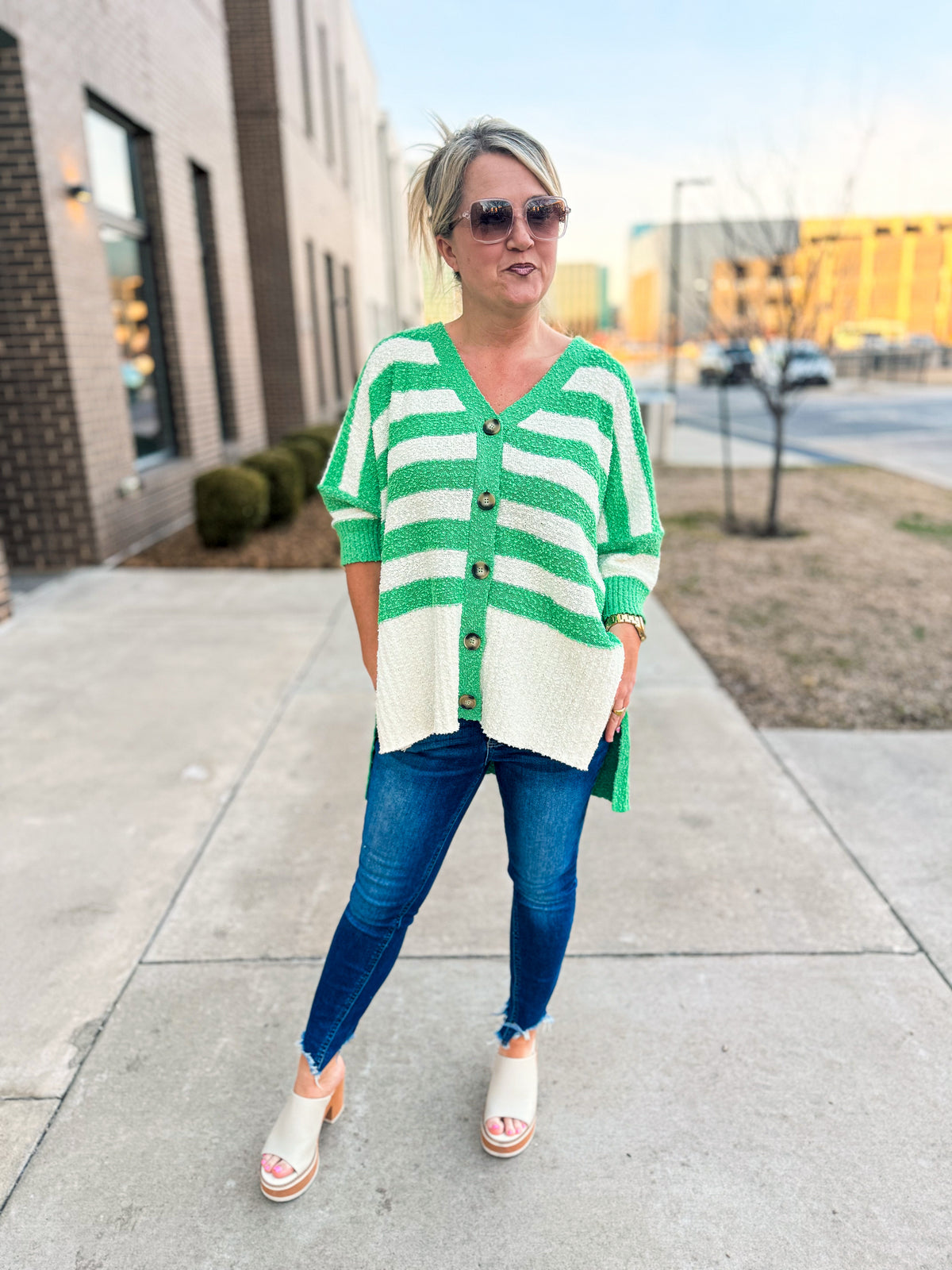 Haptics Striped Cardigan-Green