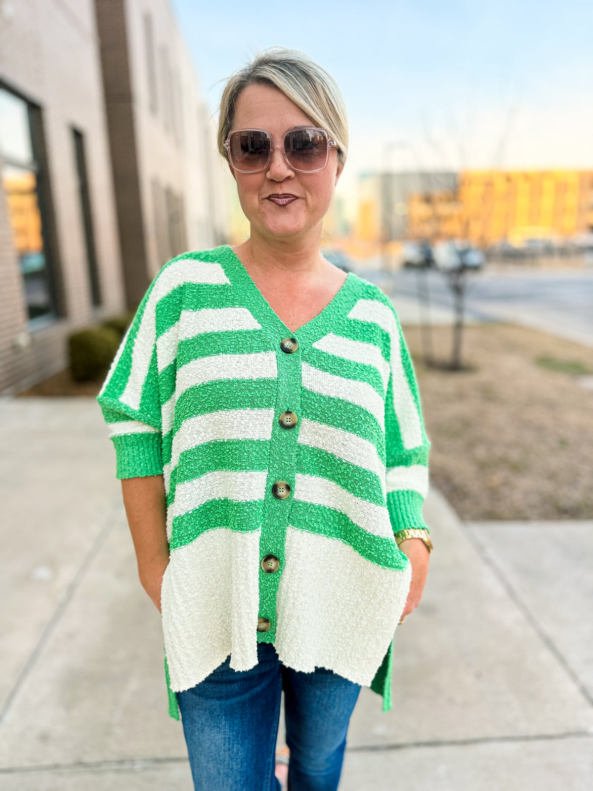 Haptics Striped Cardigan-Green