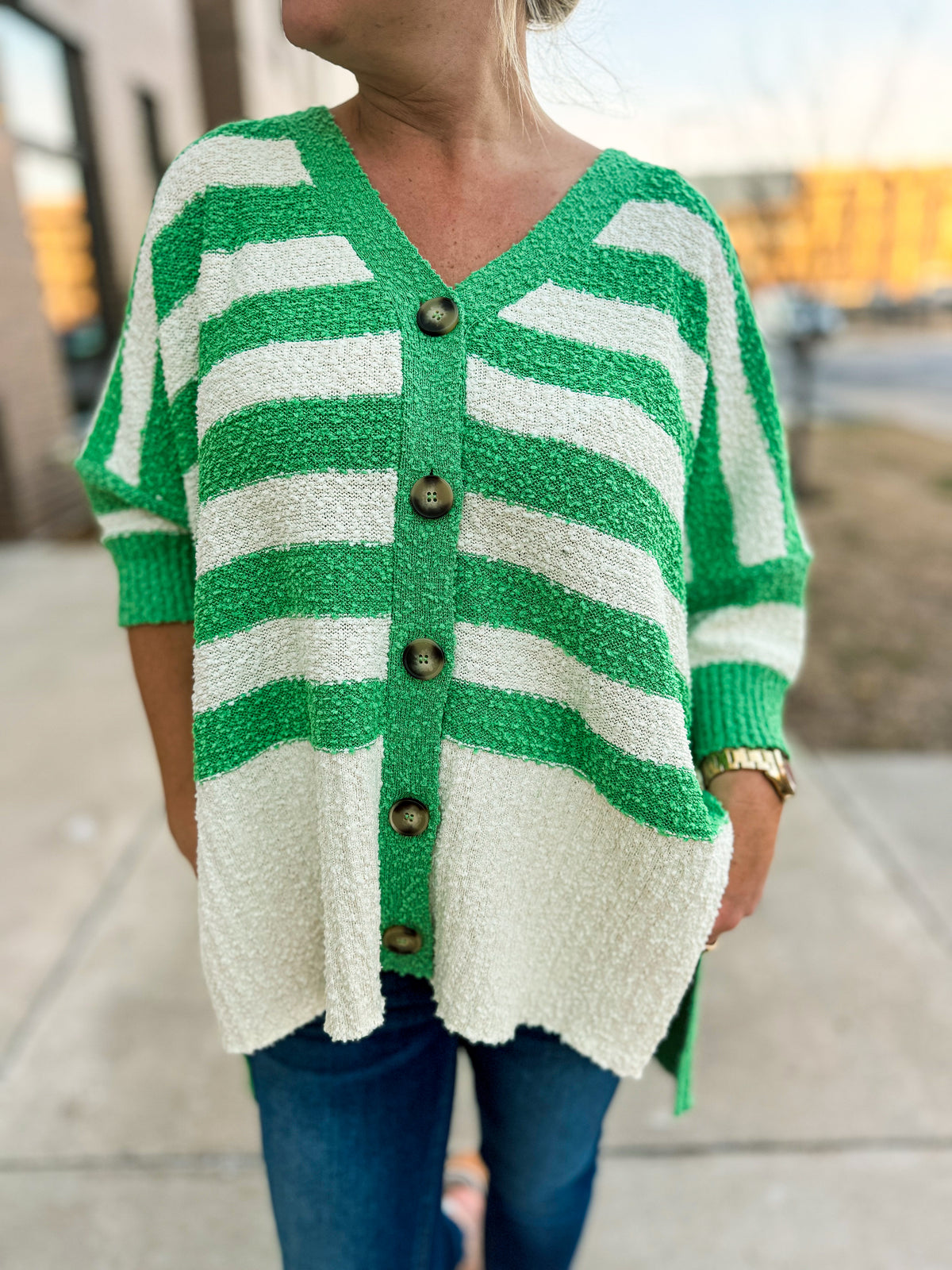 Haptics Striped Cardigan-Green