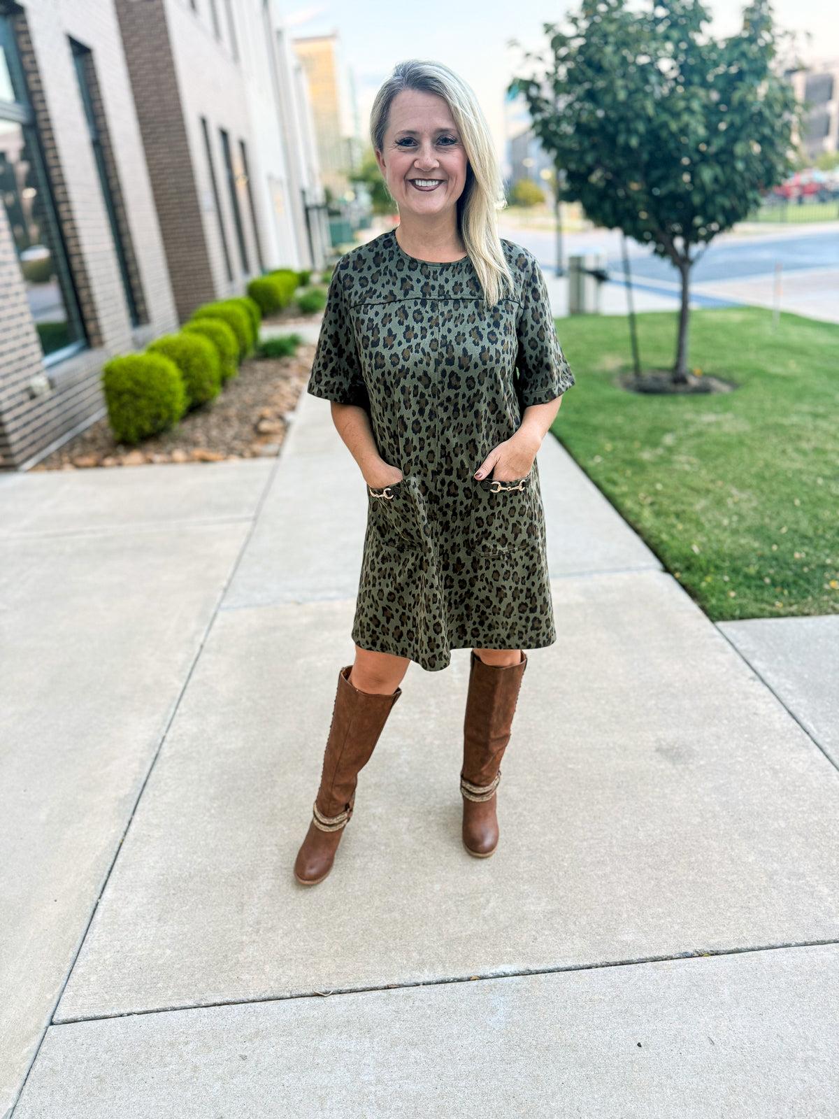 Entro Green Suede Leopard Dress