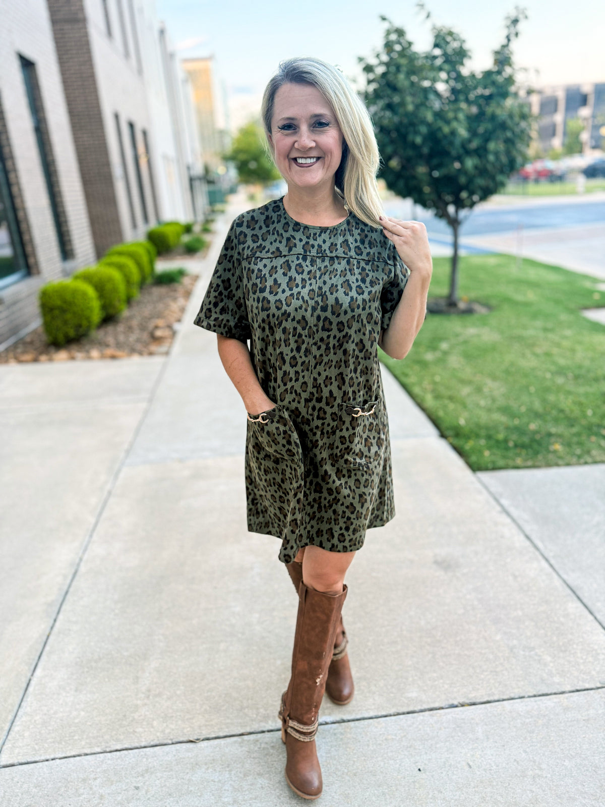 Entro Green Suede Leopard Dress