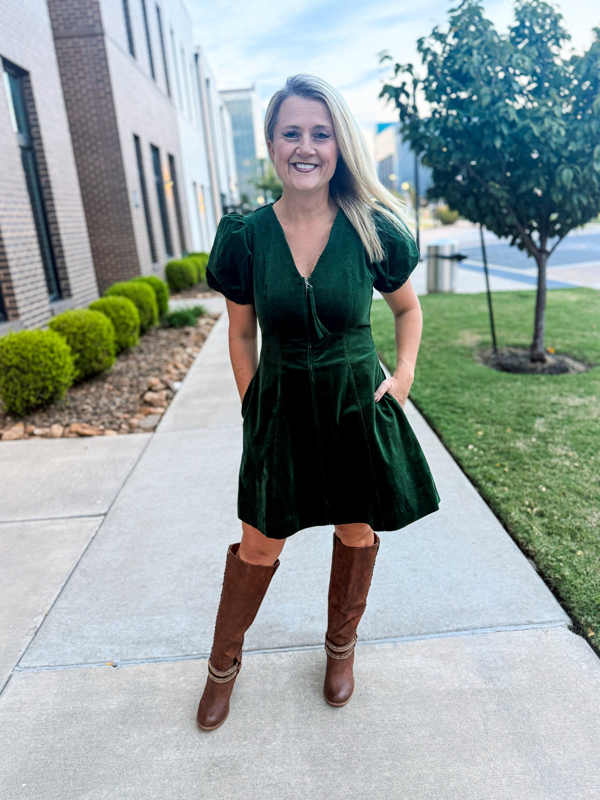 Green Corduroy Zipper Dress