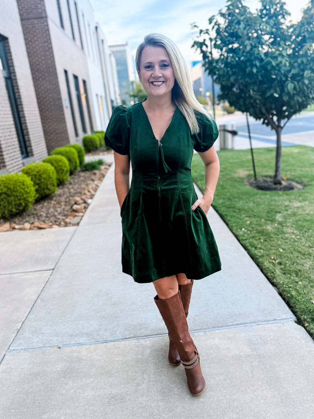 Green Corduroy Zipper Dress