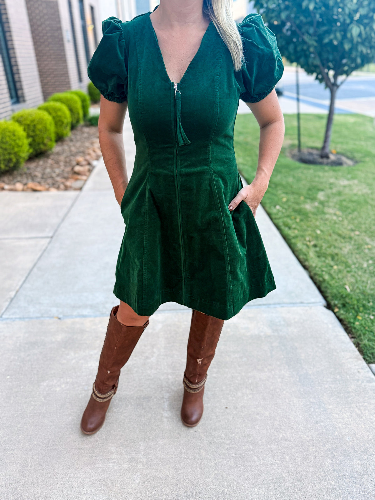 Green Corduroy Zipper Dress