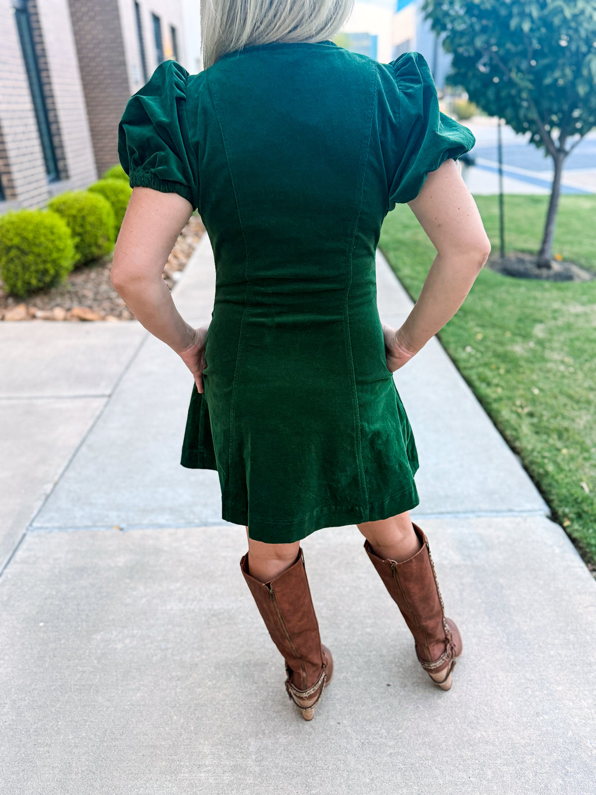Green Corduroy Zipper Dress