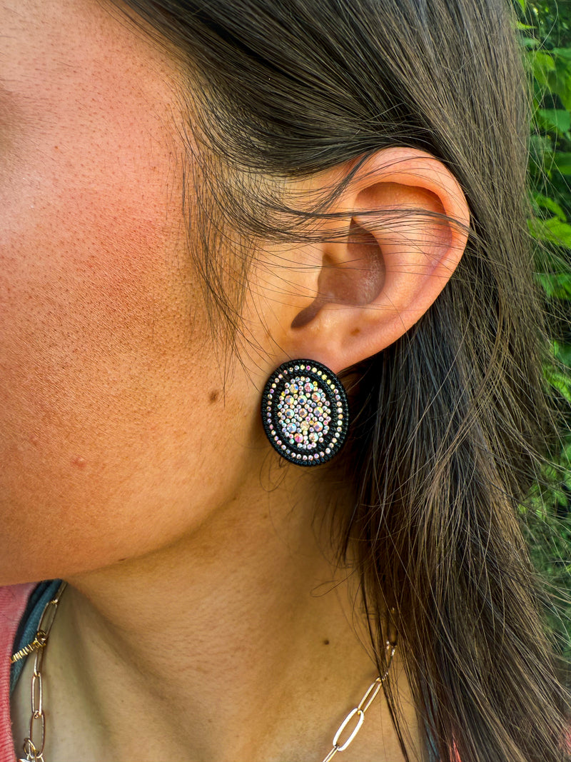 Black Rhinestone Oval Earrings