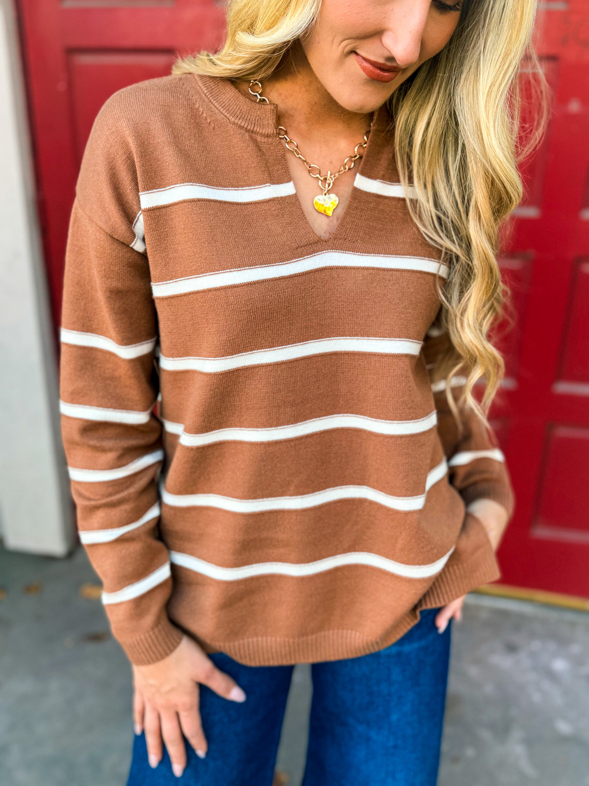 Split Neck Zenana Sweater-Camel