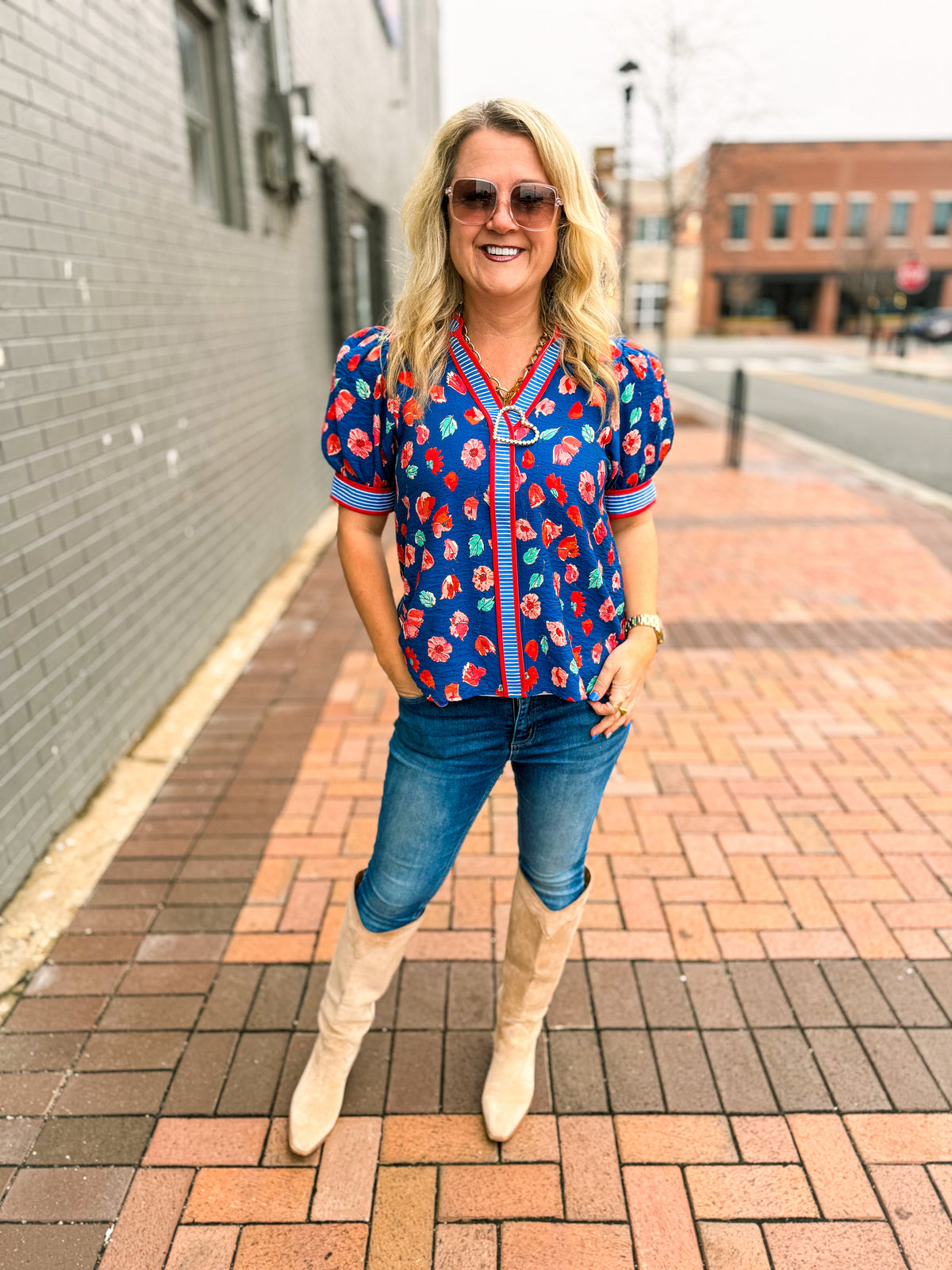 Blue Floral Striped Top-Entro
