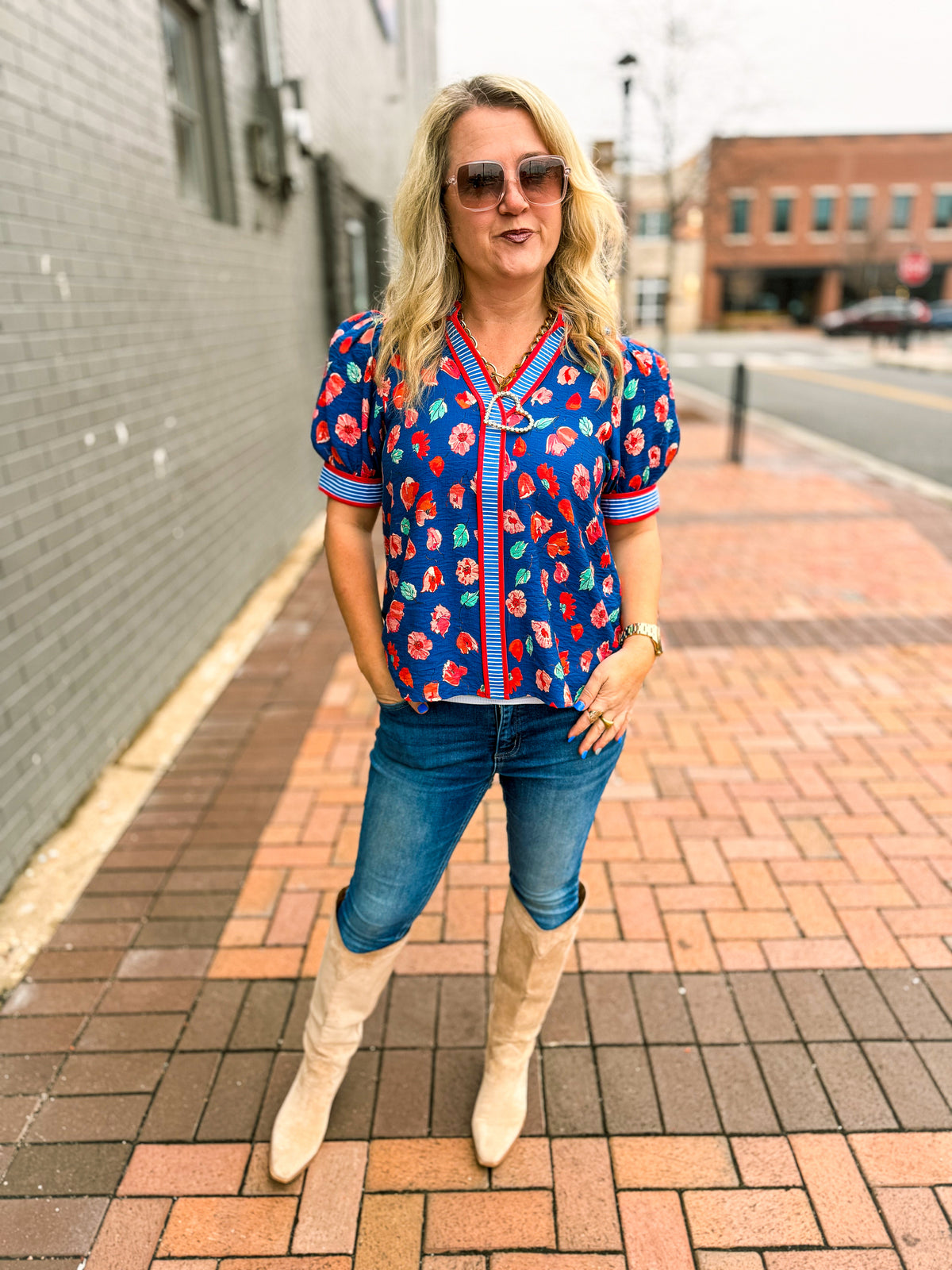 Blue Floral Striped Top-Entro