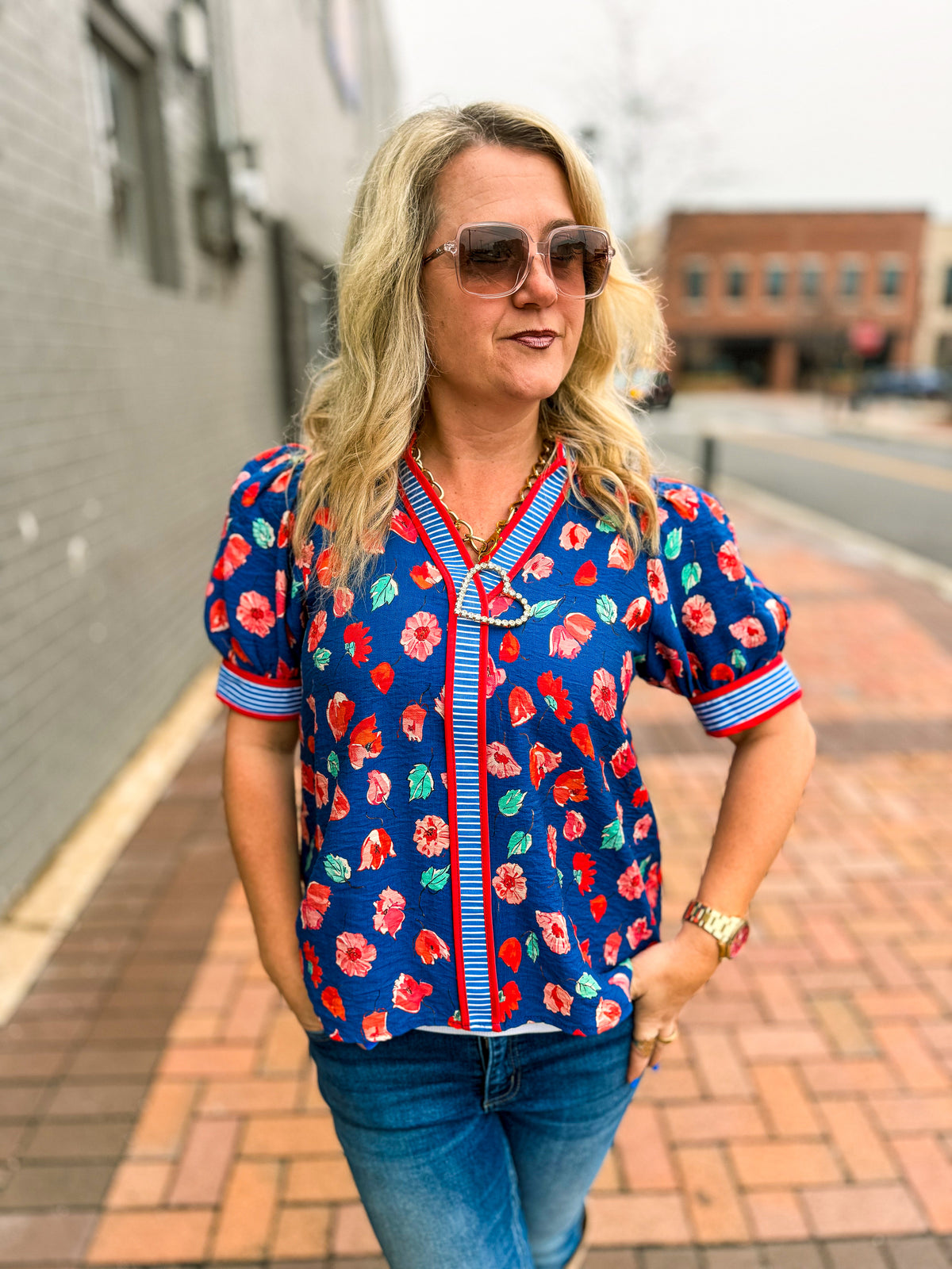 Blue Floral Striped Top-Entro