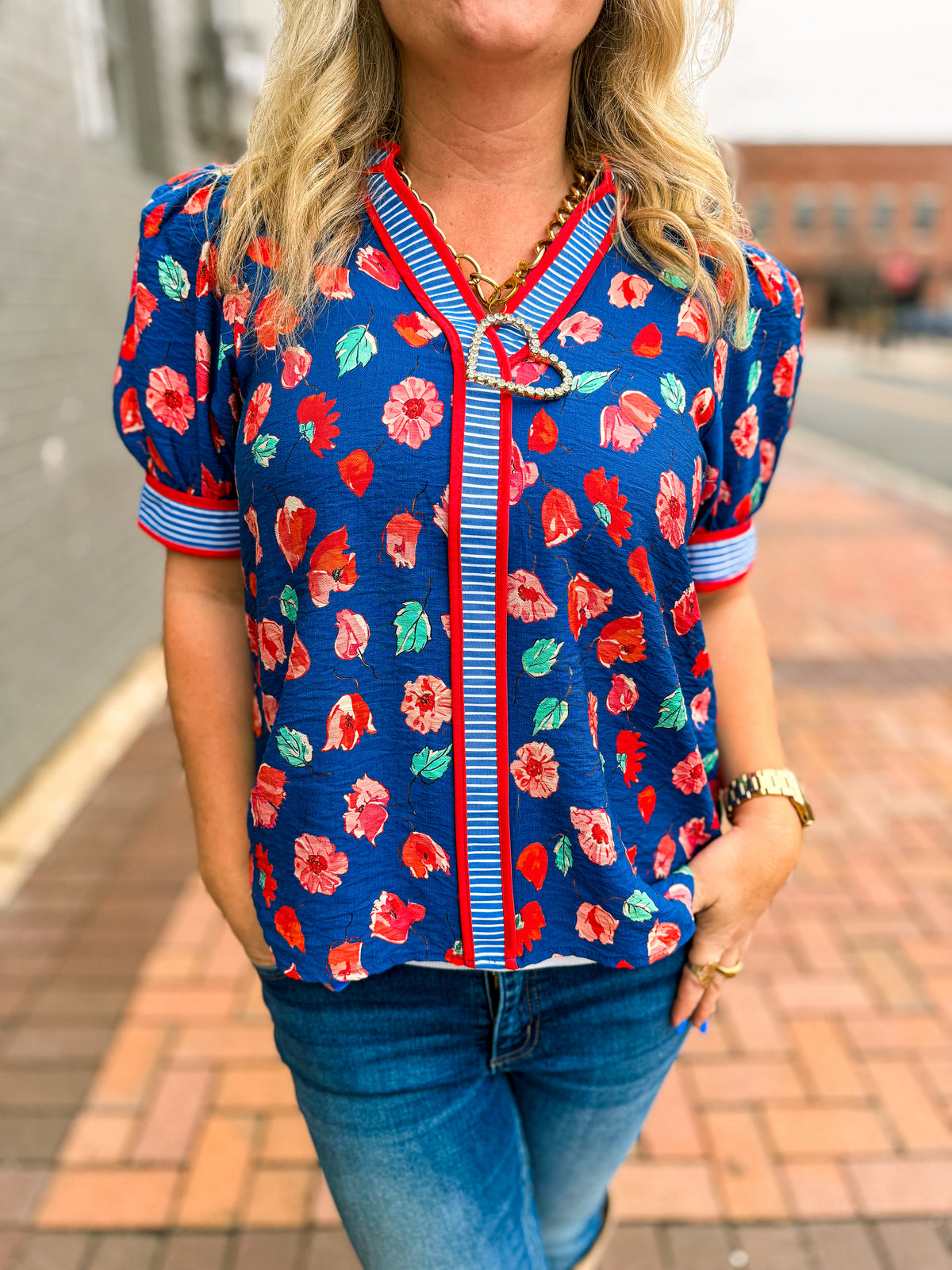 Blue Floral Striped Top-Entro