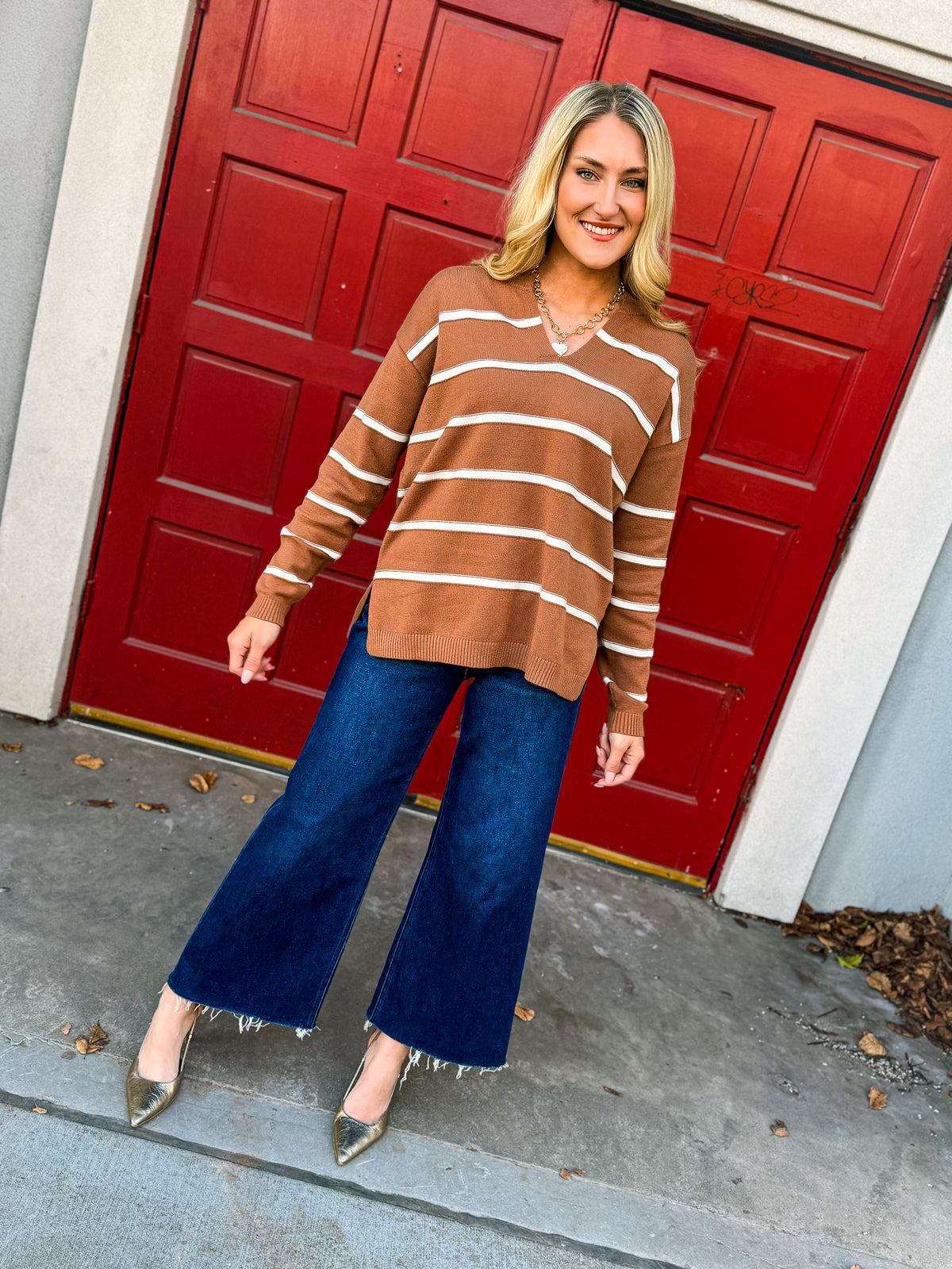 Split Neck Zenana Sweater-Camel