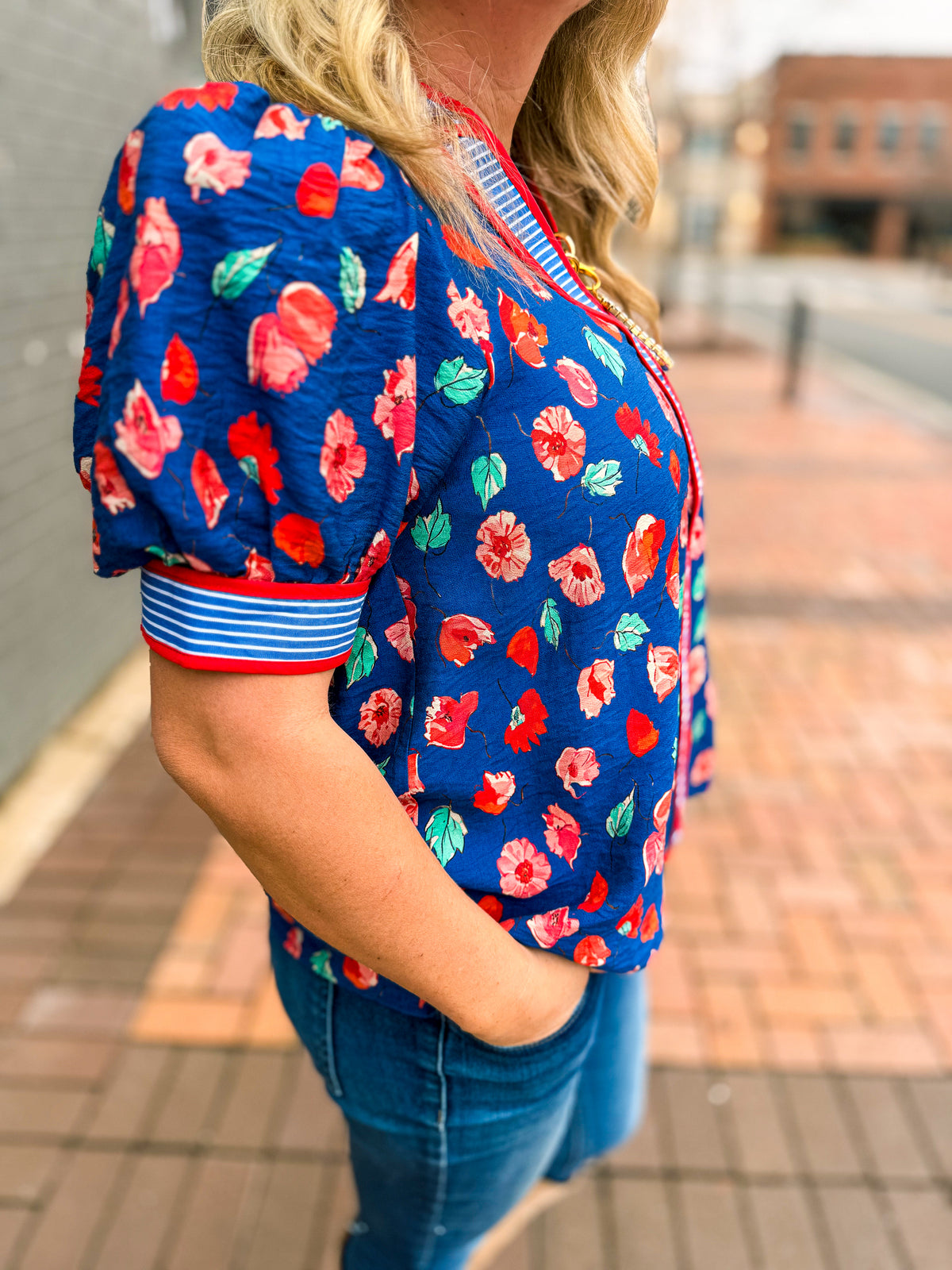 Blue Floral Striped Top-Entro