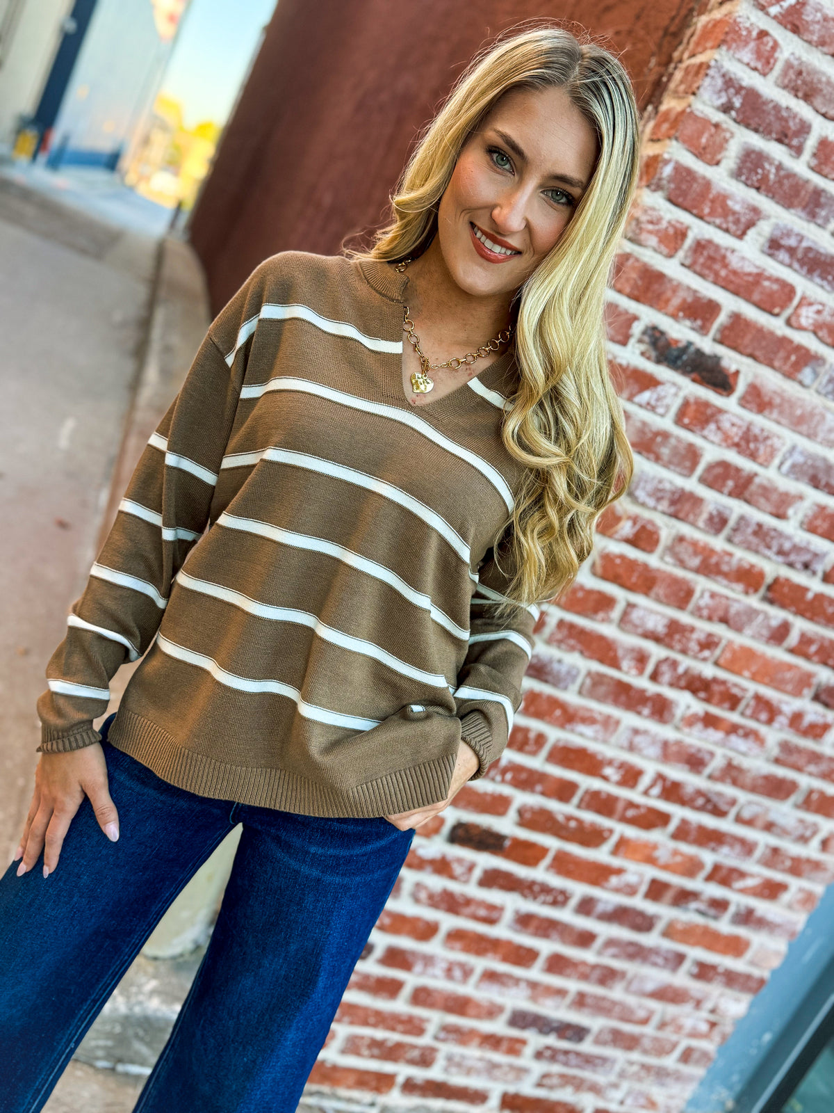 Split Neck Zenana Sweater-Mocha