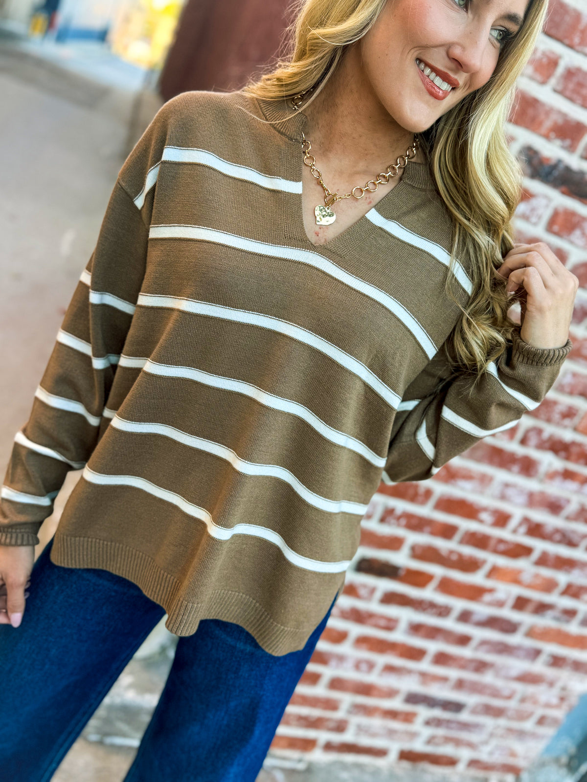 Split Neck Zenana Sweater-Mocha