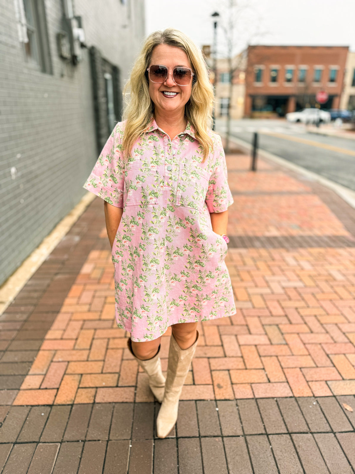 Pink Floral Denim Dress