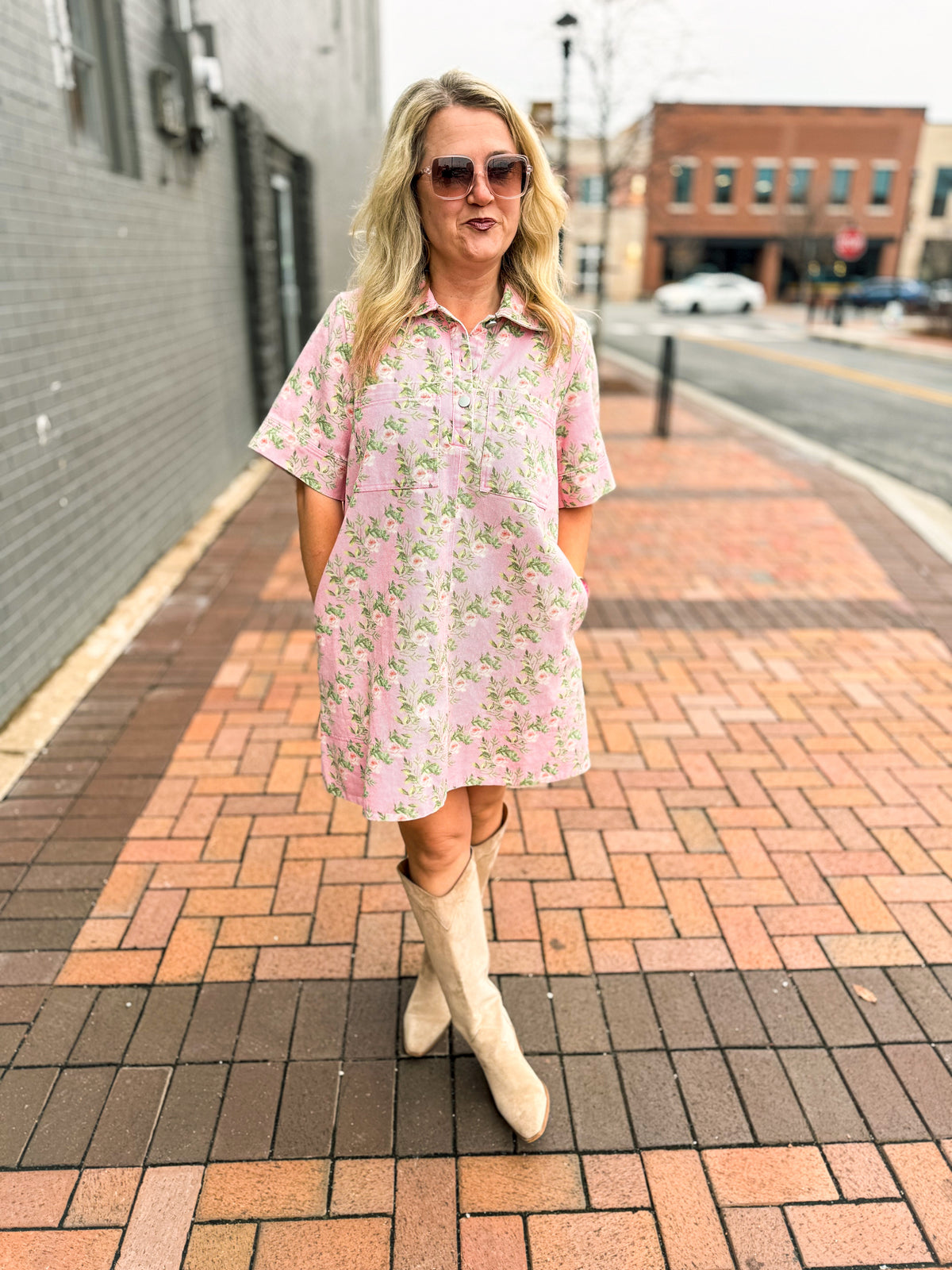 Pink Floral Denim Dress