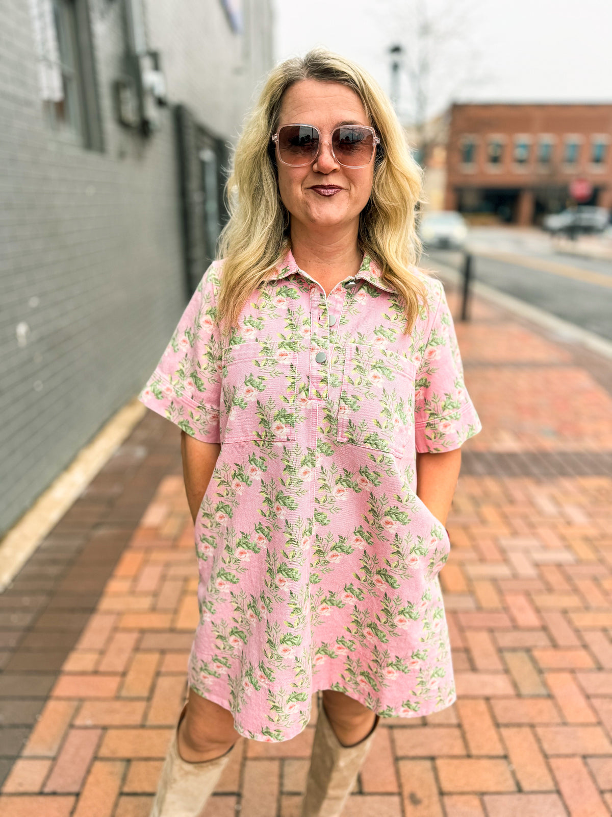 Pink Floral Denim Dress