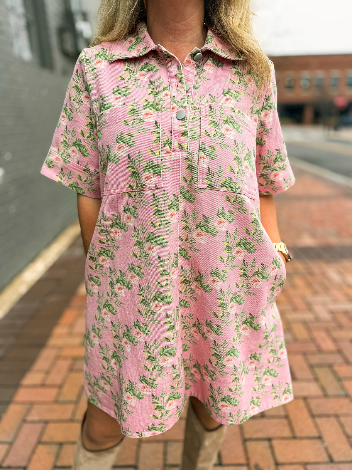 Pink Floral Denim Dress