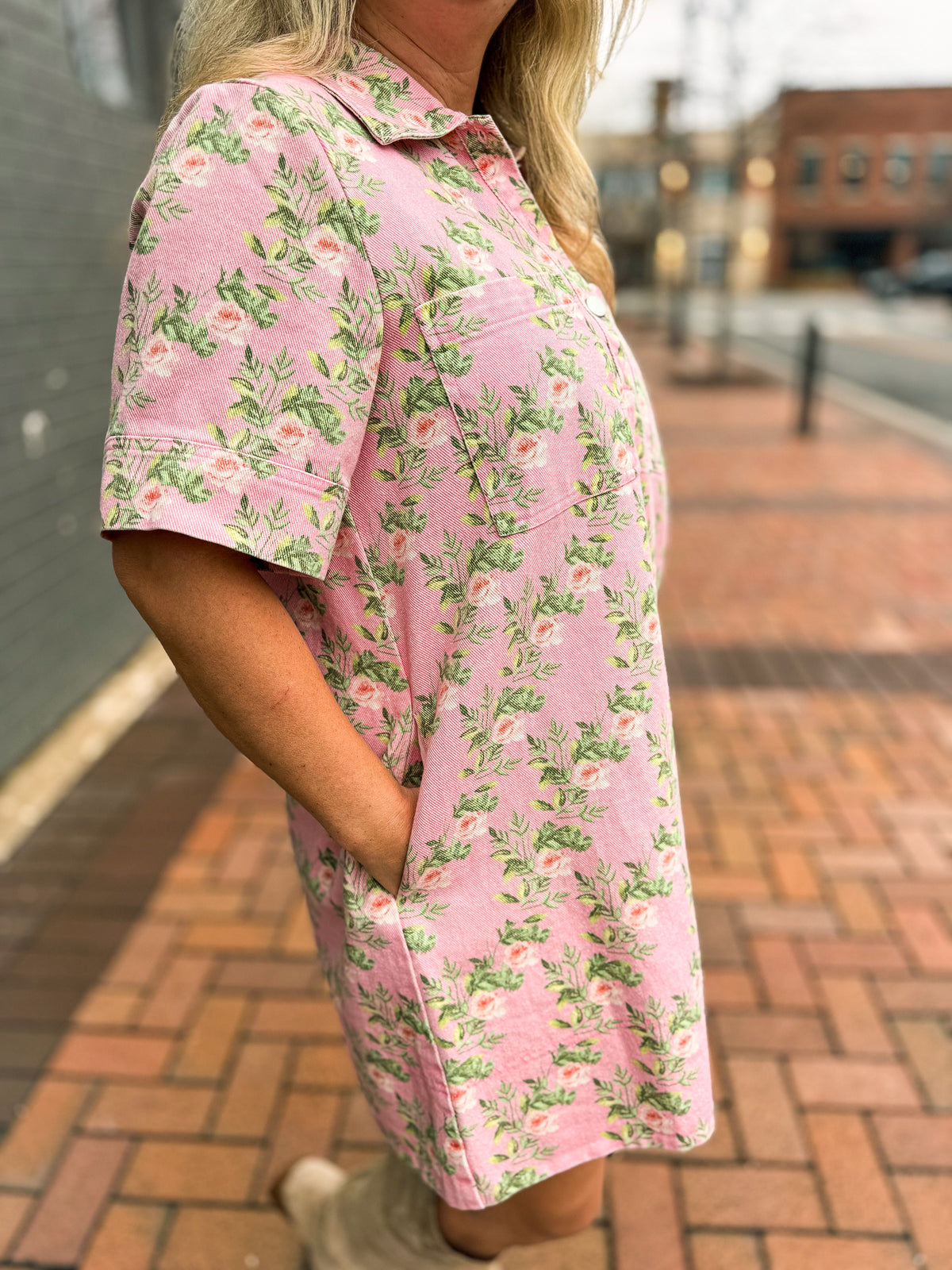 Pink Floral Denim Dress