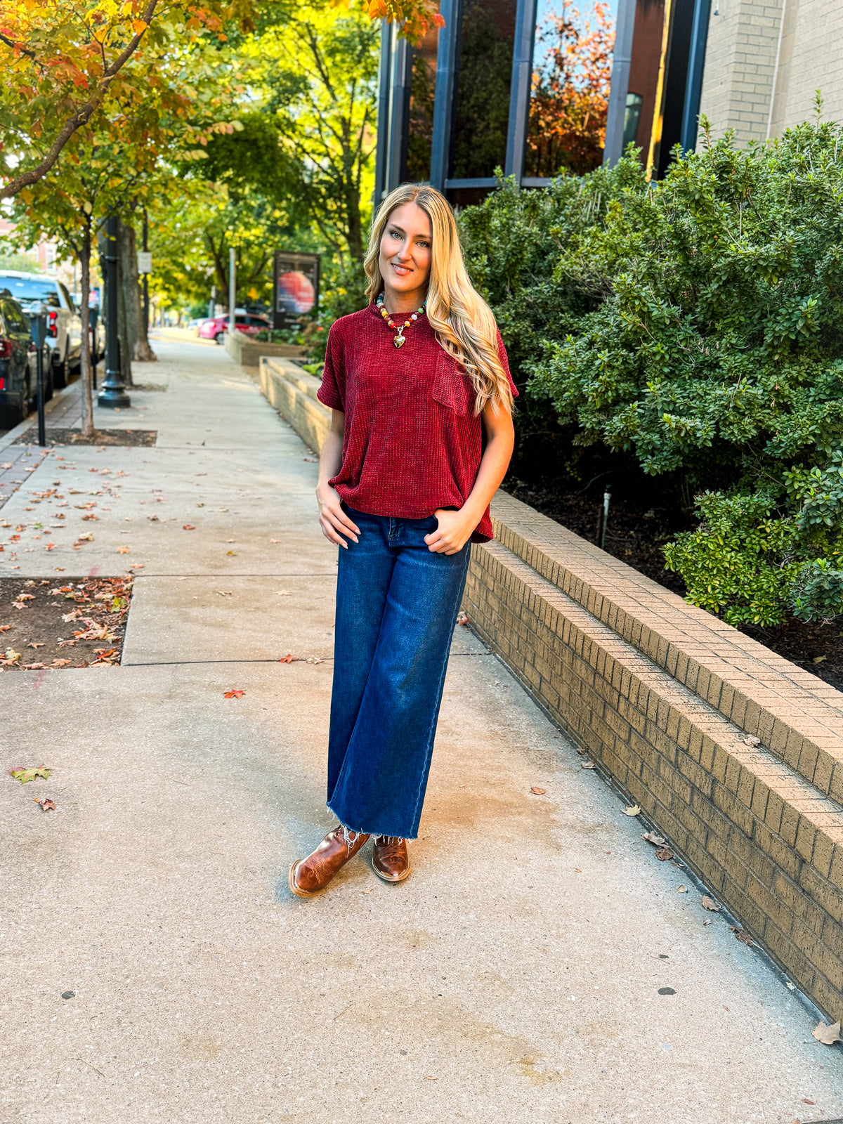 Short Sleeve Chenille Sweater-Burgundy