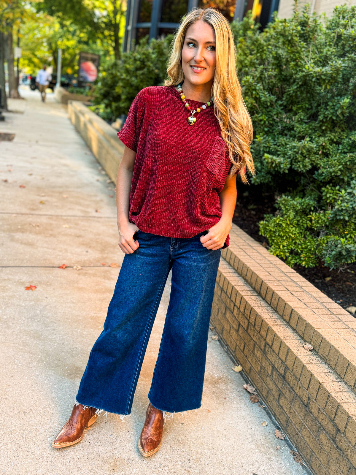 Short Sleeve Chenille Sweater-Burgundy