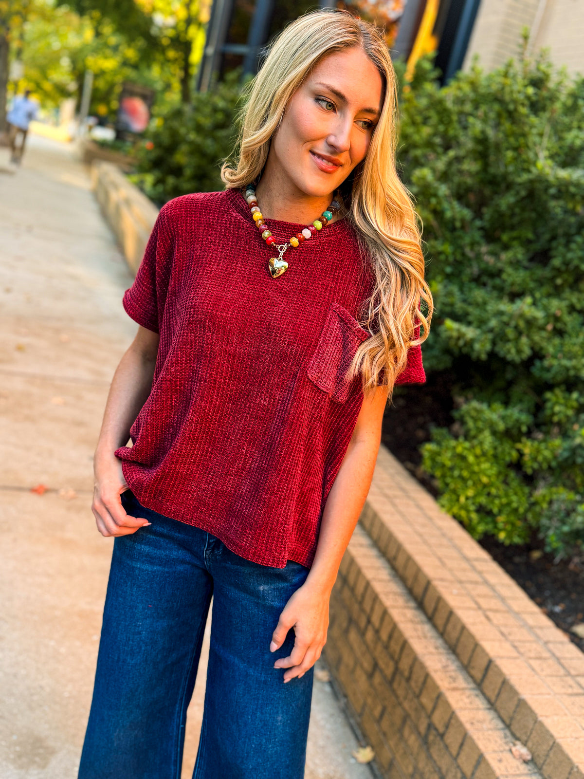 Short Sleeve Chenille Sweater-Burgundy