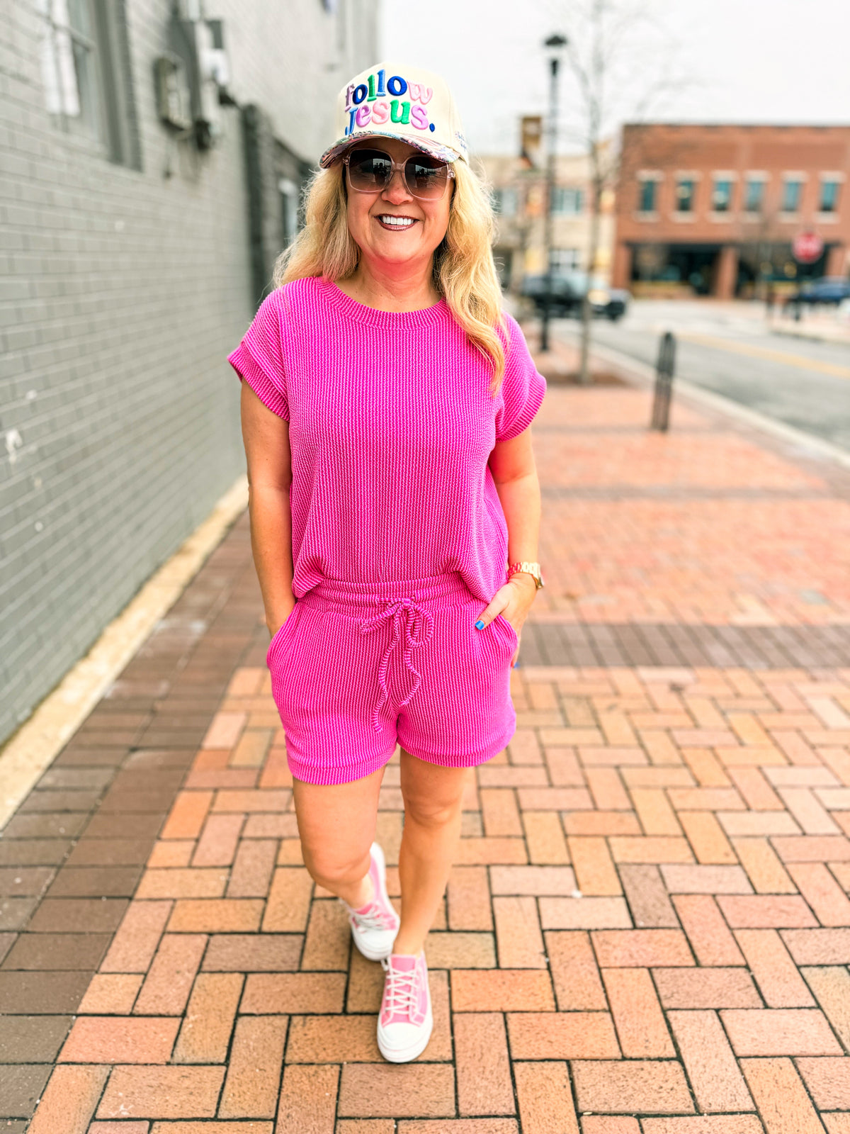 Ribbed Shorts Set-Hot Pink