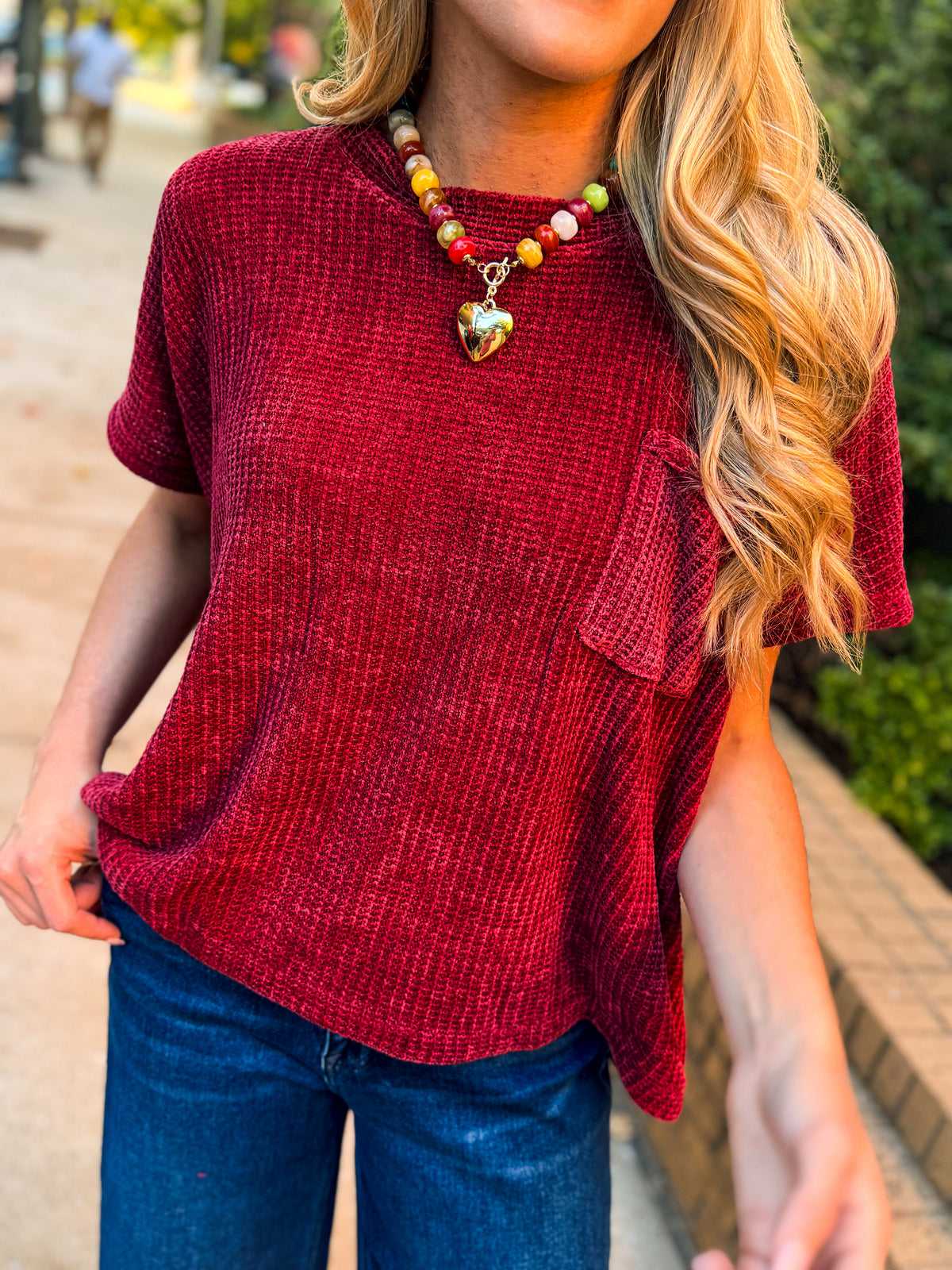 Short Sleeve Chenille Sweater-Burgundy
