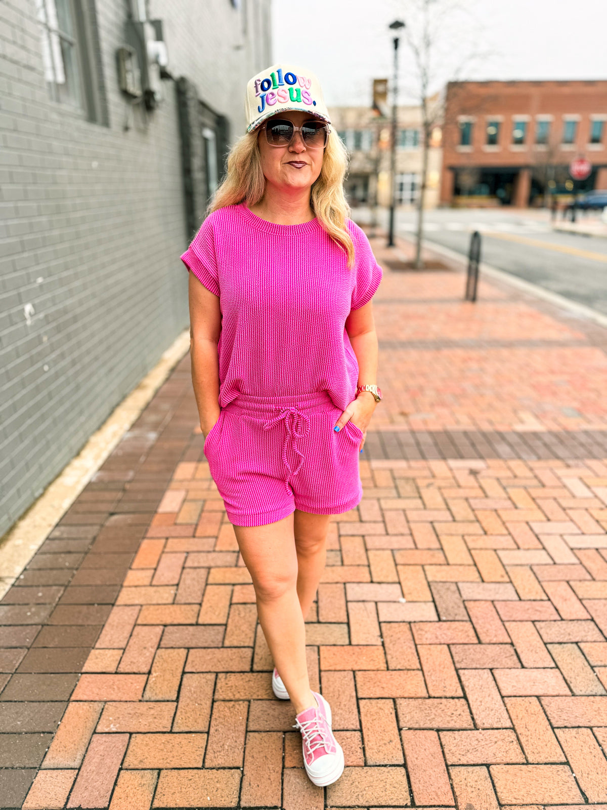 Ribbed Shorts Set-Hot Pink