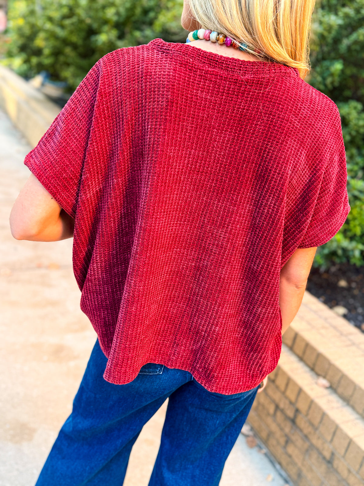 Short Sleeve Chenille Sweater-Burgundy