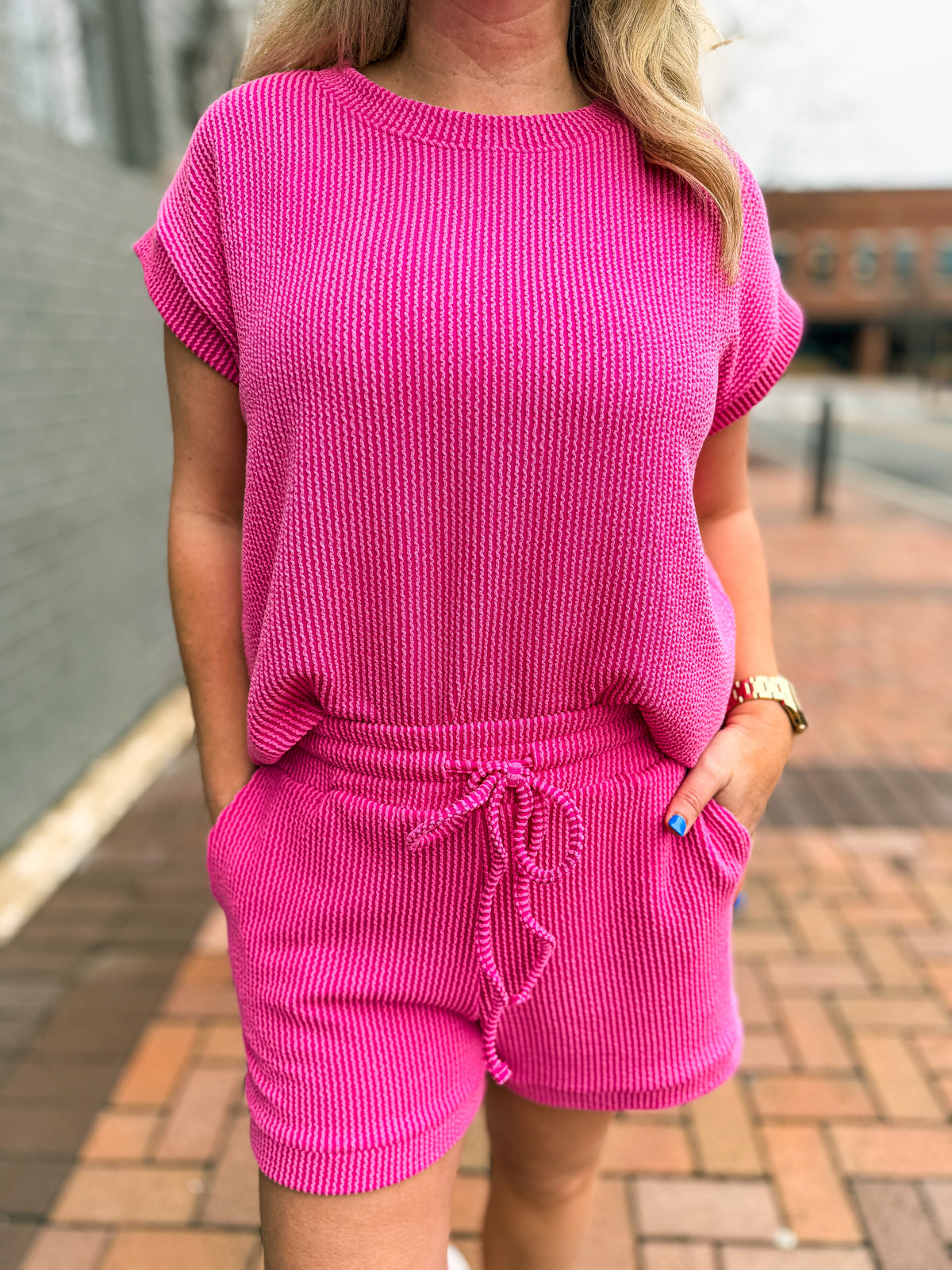 Ribbed Shorts Set-Hot Pink