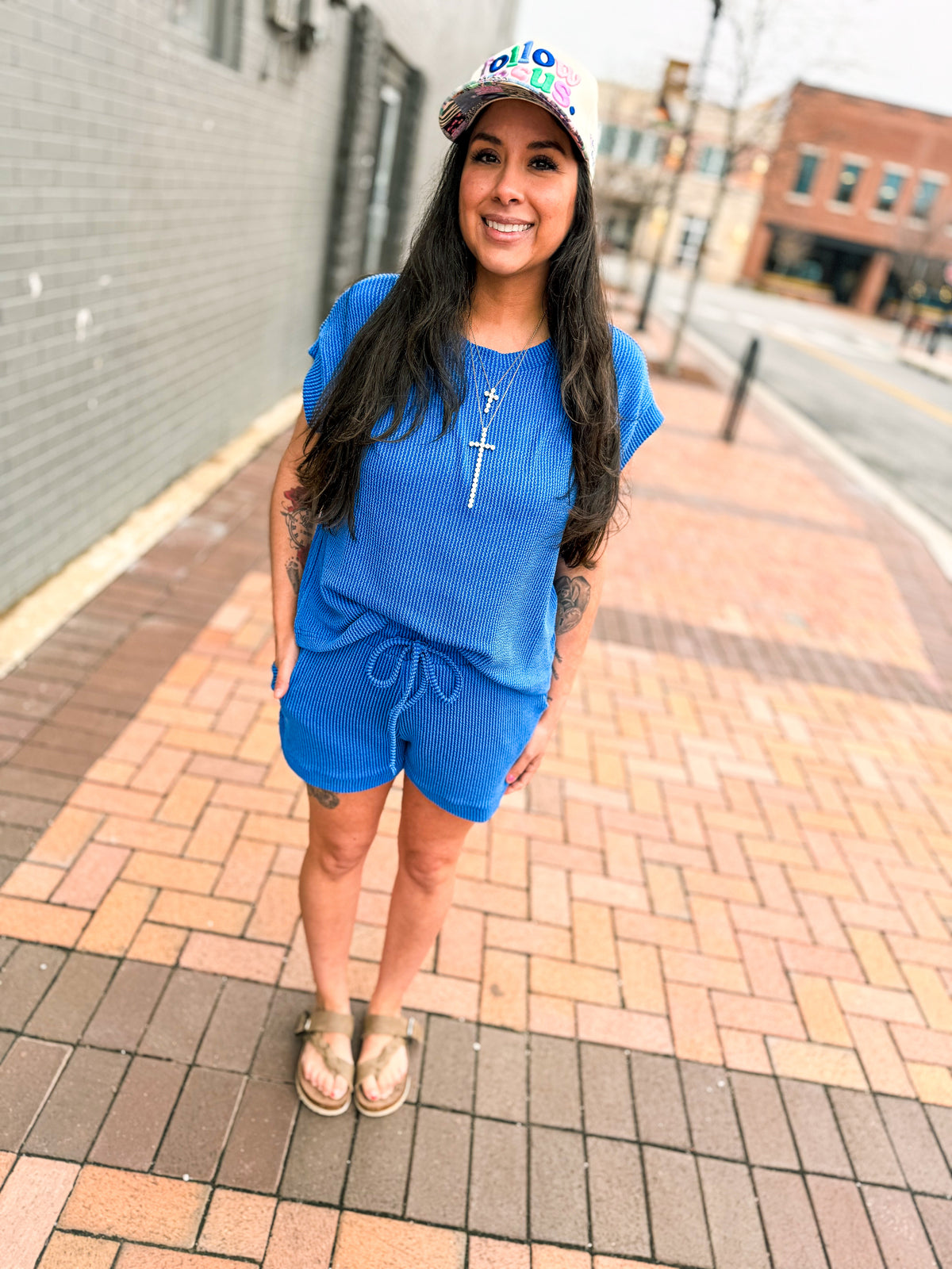 Ribbed Shorts Set-Blue