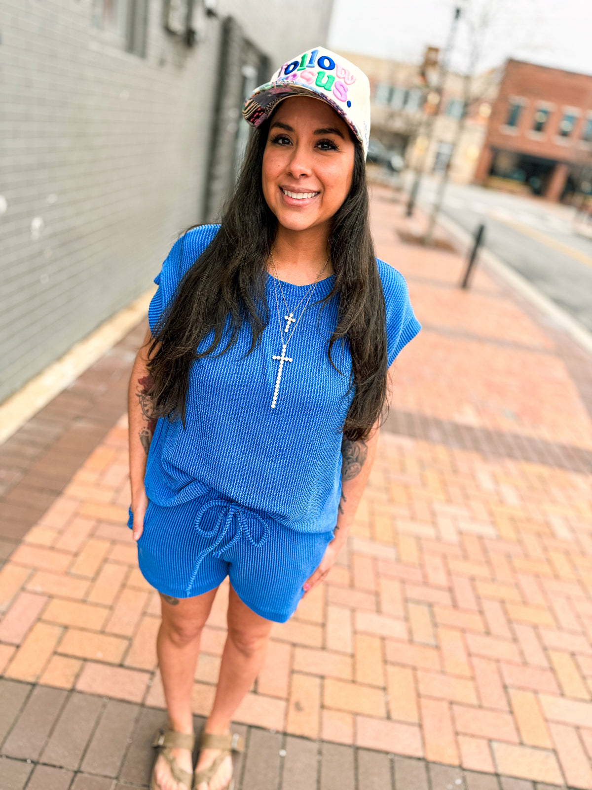 Ribbed Shorts Set-Blue