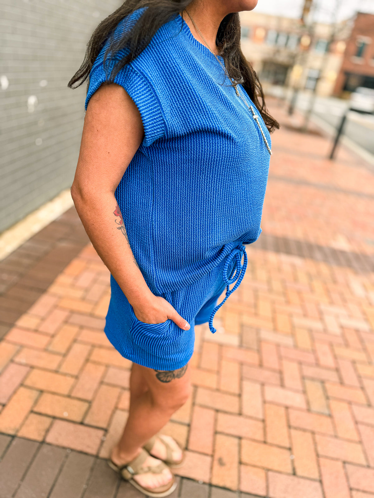 Ribbed Shorts Set-Blue
