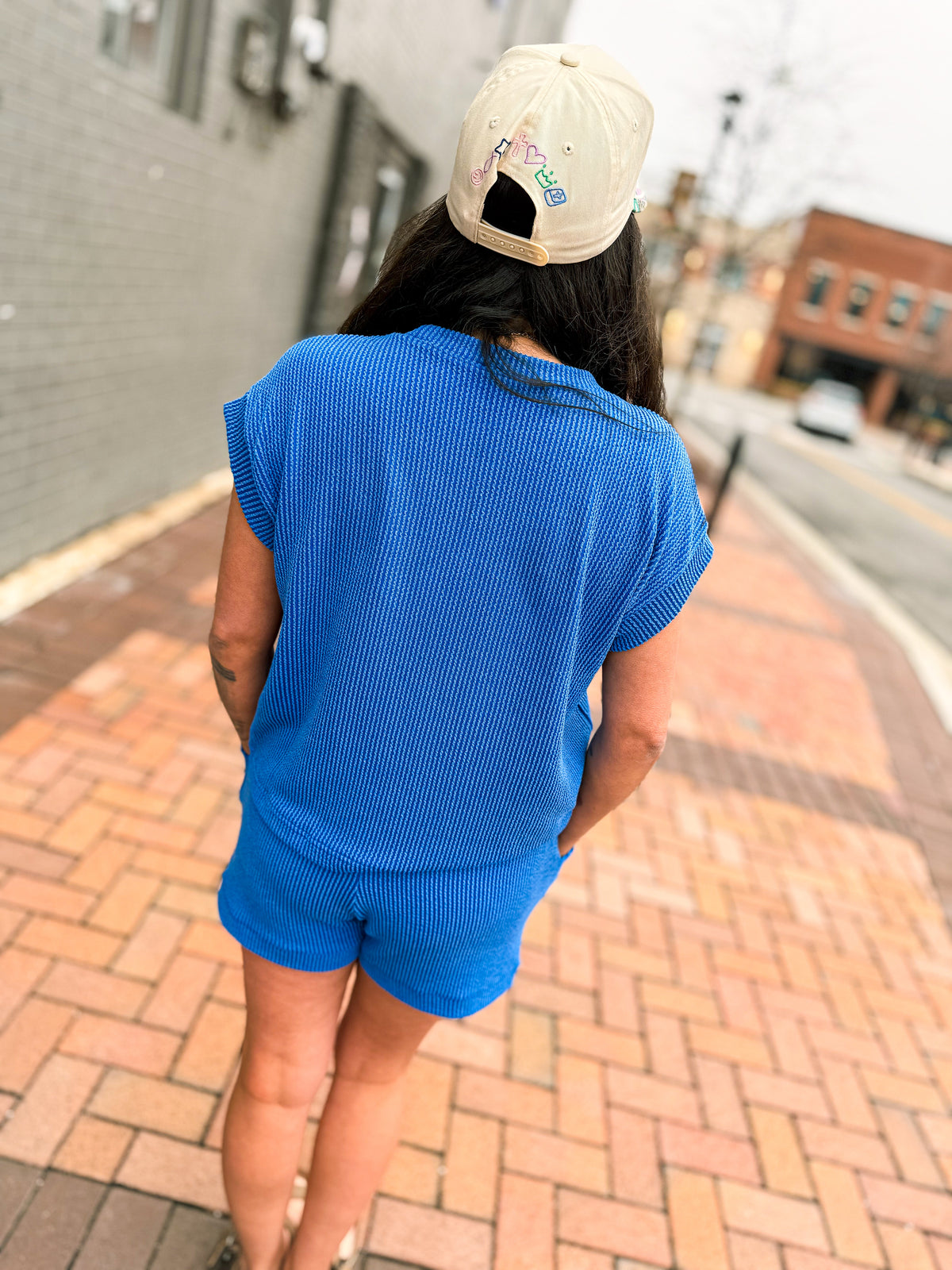 Ribbed Shorts Set-Blue