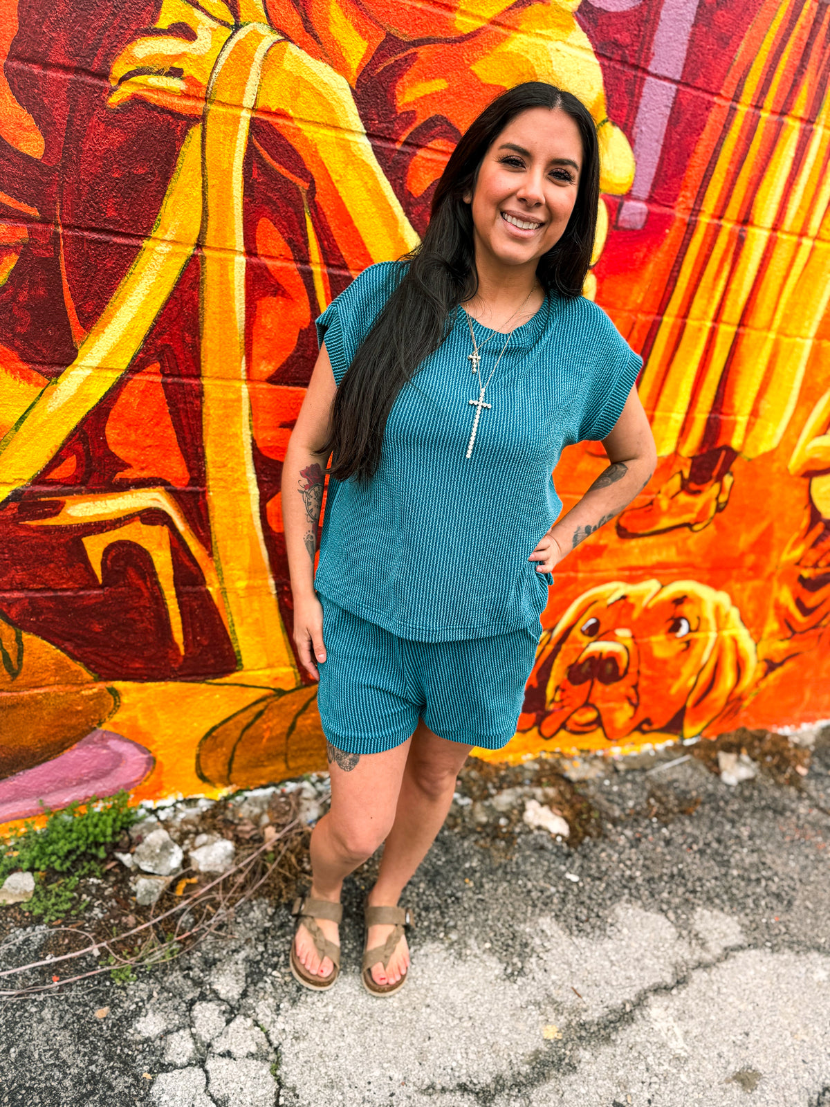 Ribbed Shorts Set-Dark Green