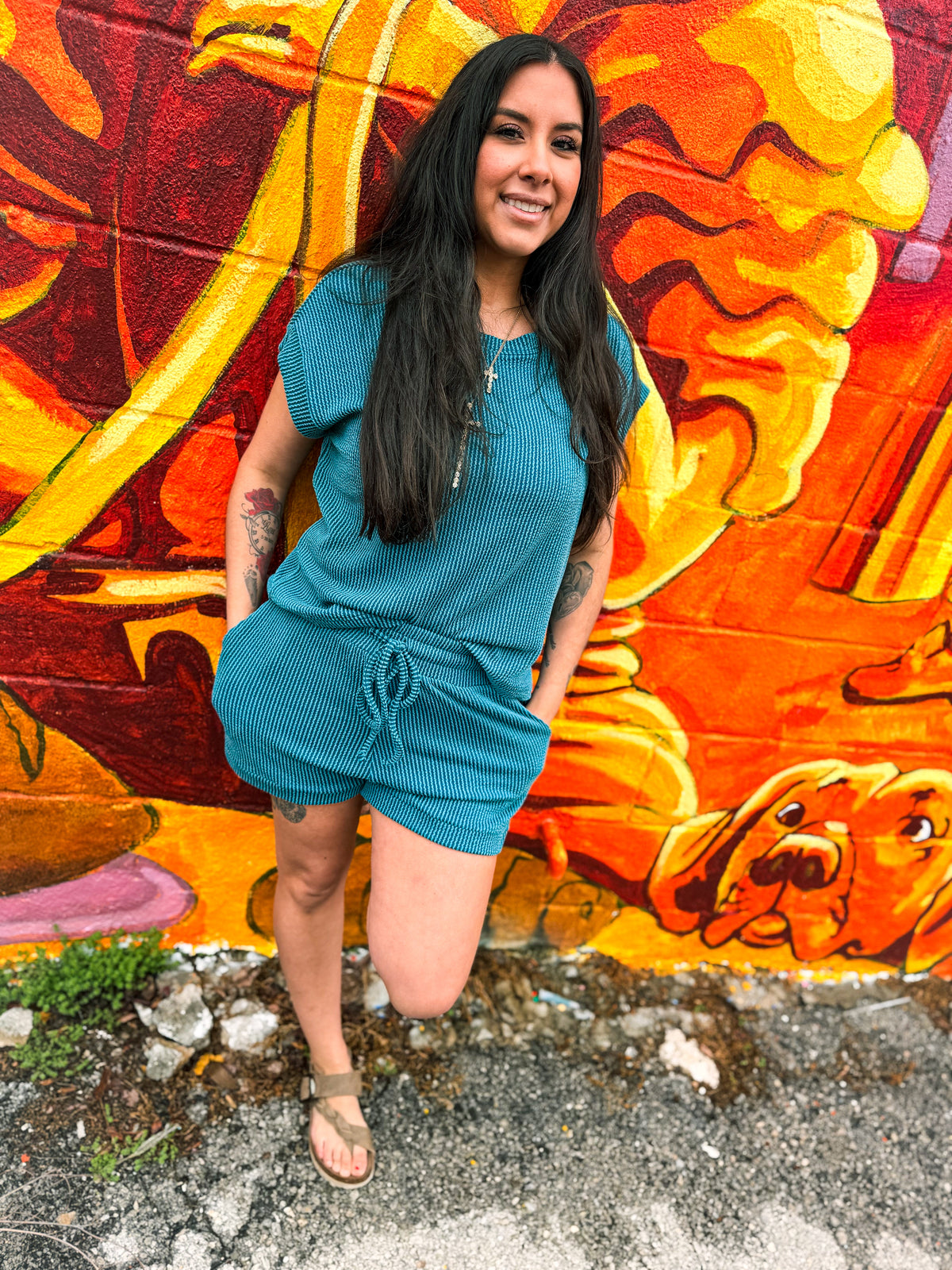 Ribbed Shorts Set-Dark Green